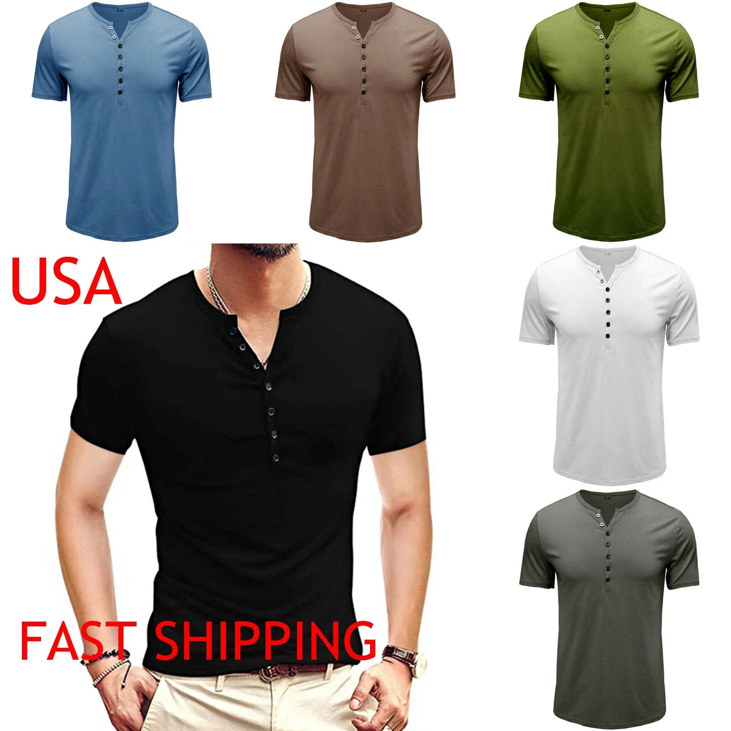 Henley Tee Shirt Solid Color Short Sleeve Button Up White Black Green Blue Brown Unisex T-shirt, Sweatshirt, Hoodie, Long Sleeve Tee - T-Shirt, Sweatshirt, Hoodie