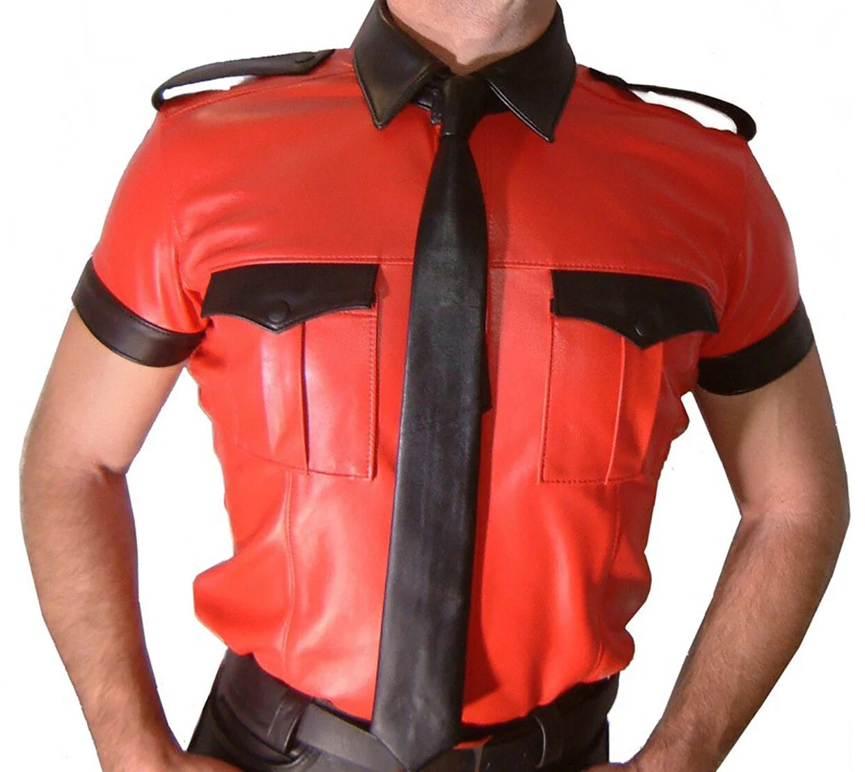 Men's Lamb Leather Short Sleeves Police Shirt Red & Black Trims Sexy Bluf Shirt Unisex T-shirt, Sweatshirt, Hoodie, Long Sleeve Tee - T-Shirt, Sweatshirt, Hoodie