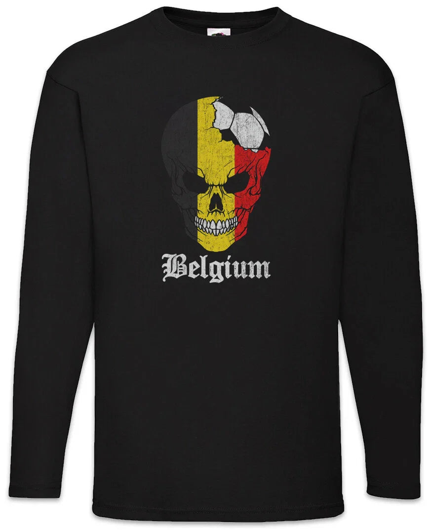 Belgium Football Skull I Men's Long Sleeve T-Shirt Belgian Soccer Flag World Unisex T-shirt, Sweatshirt, Hoodie, Long Sleeve Tee - T-Shirt, Sweatshirt, Hoodie