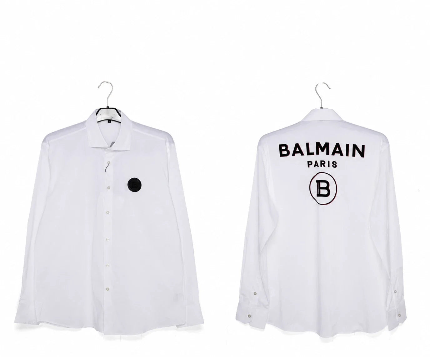 balmain white shirt with Front Logo and printed written on the back Unisex T-shirt, Sweatshirt, Hoodie, Long Sleeve Tee - T-Shirt, Sweatshirt, Hoodie