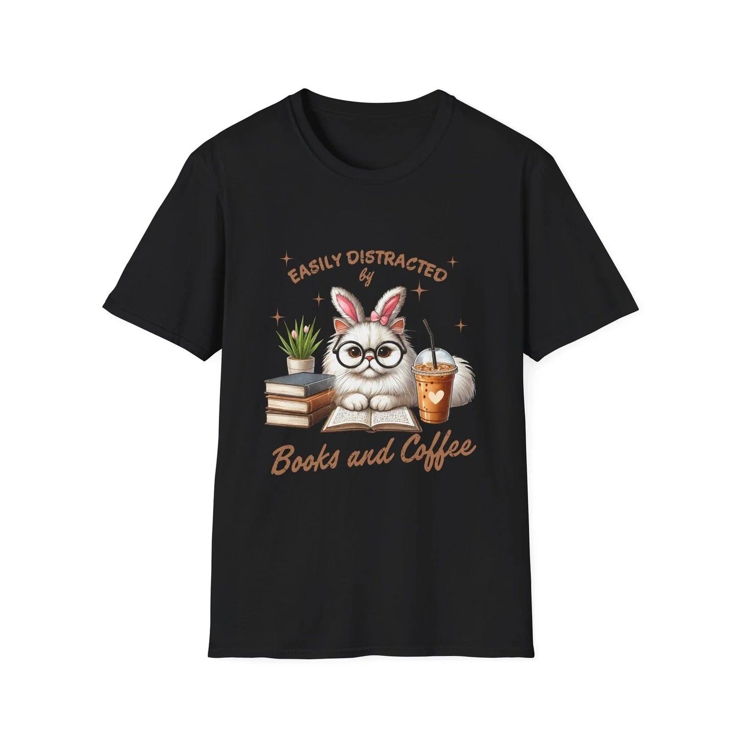 Easily Distracted by Books and Coffee Tee, Cat Lover Shirt, Bookworm Gift, Funny Unisex T-shirt, Sweatshirt, Hoodie, Long Sleeve Tee - T-Shirt, Sweatshirt, Hoodie