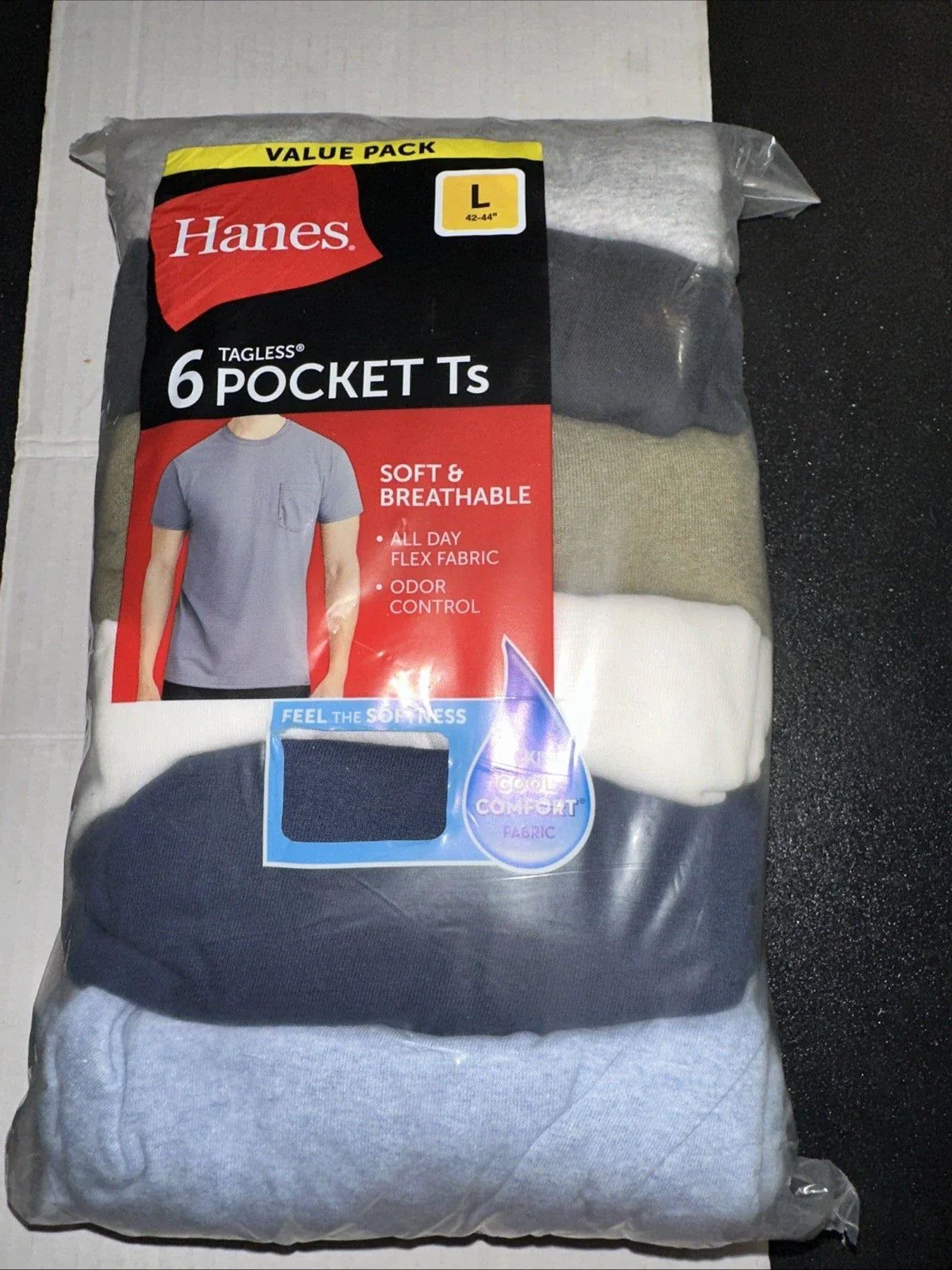 Hanes Tee Shirt, Pocket, Men Size L, 42 - 44, Soft/Breathable, Package of 6 Unisex T-shirt, Sweatshirt, Hoodie, Long Sleeve Tee - T-Shirt, Sweatshirt, Hoodie