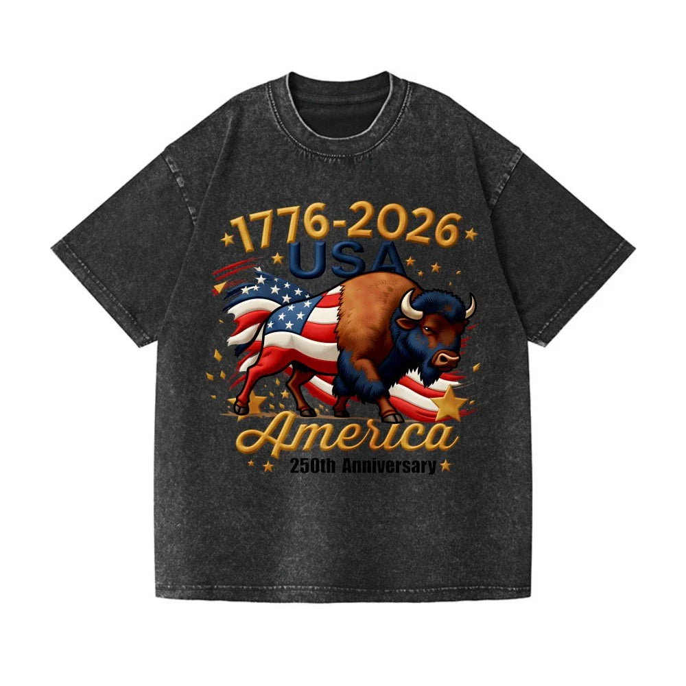 Patriotic 250th Anniversary Buffalo Washed T-Shirt - 1776-2026 USA Tee Unisex T-shirt, Sweatshirt, Hoodie, Long Sleeve Tee - T-Shirt, Sweatshirt, Hoodie