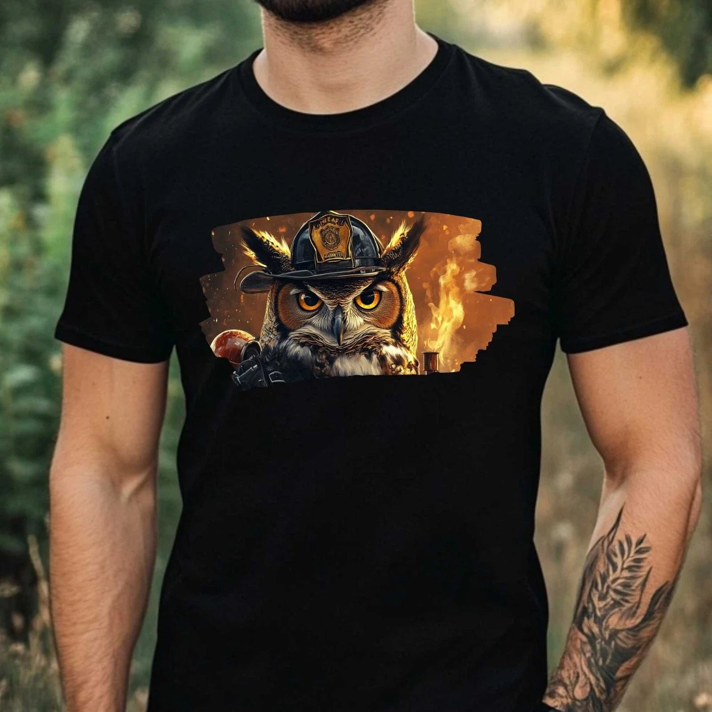 Mens Owl as Firefighter Motif Cotton T-Shirt Size XS to 5XL Unisex T-shirt, Sweatshirt, Hoodie, Long Sleeve Tee - T-Shirt, Sweatshirt, Hoodie