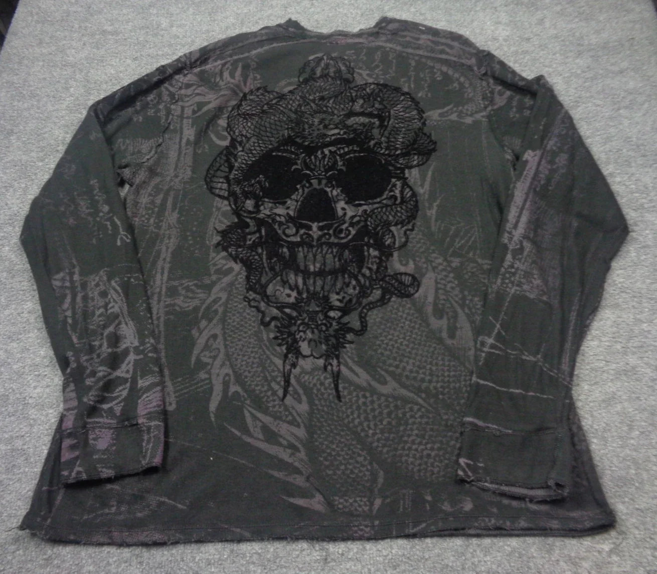 Affliction Thermal Shirt Men XL Gray  Long Sleeve Skull Snake Distressed Unisex T-shirt, Sweatshirt, Hoodie, Long Sleeve Tee - T-Shirt, Sweatshirt, Hoodie
