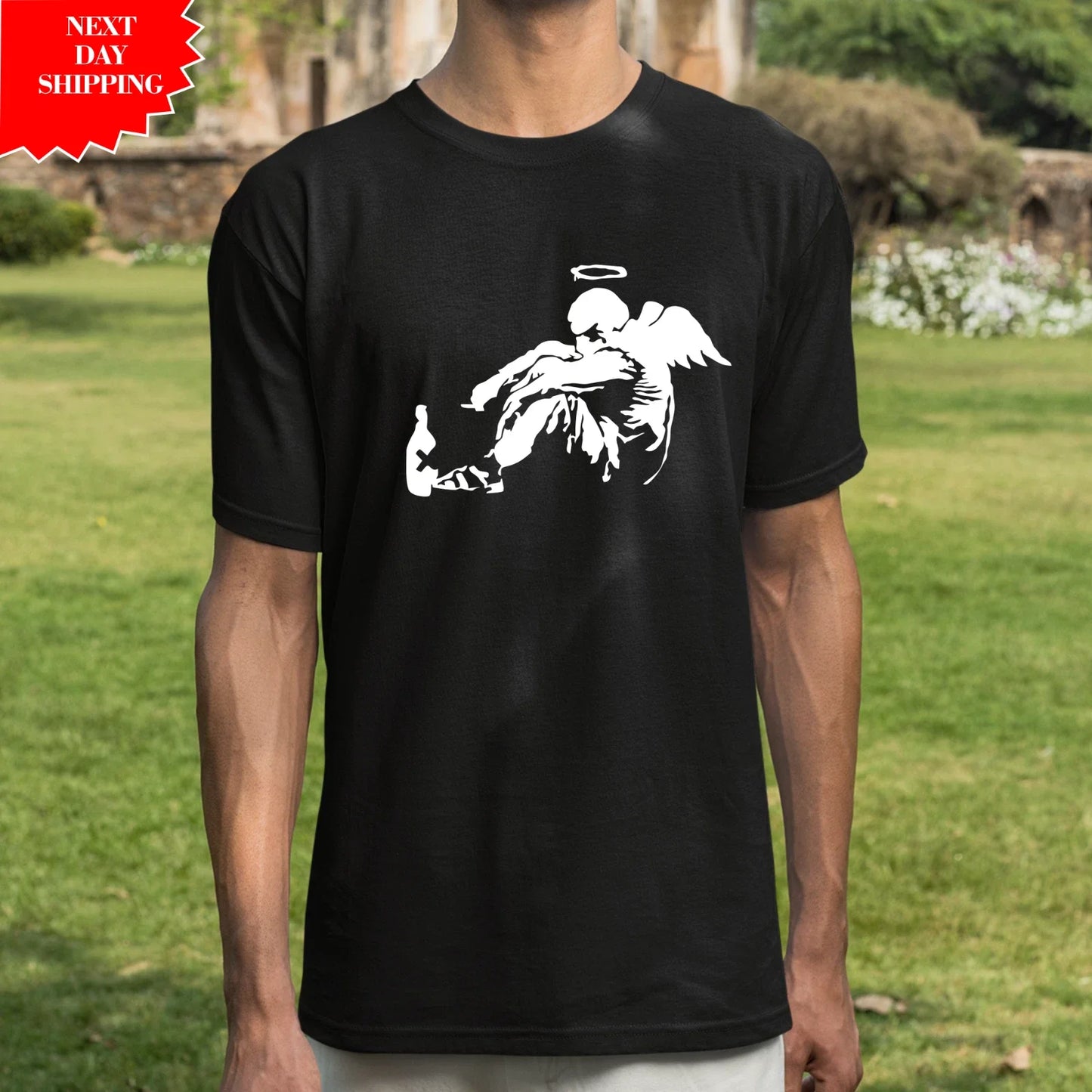 Banksy Drunken Angel T Shirt Urban Graffiti Street Art Printed Fallen Angel Top Unisex T-shirt, Sweatshirt, Hoodie, Long Sleeve Tee - T-Shirt, Sweatshirt, Hoodie