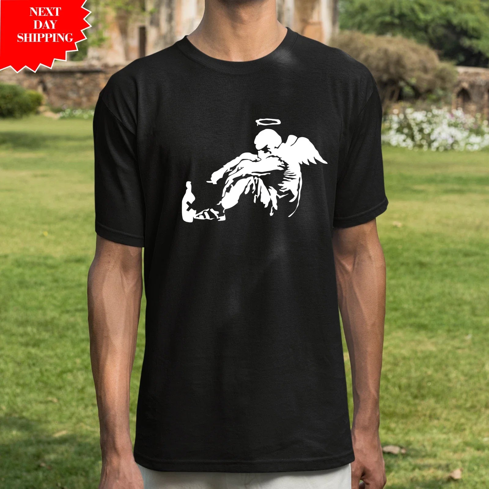 Banksy Drunken Angel T Shirt Urban Graffiti Street Art Printed Fallen Angel Top Unisex T-shirt, Sweatshirt, Hoodie, Long Sleeve Tee - T-Shirt, Sweatshirt, Hoodie
