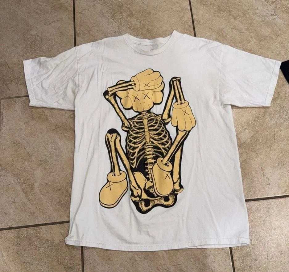 KAWS New Fiction Skeleton Graphic T-Shirt White Size XL Unisex T-shirt, Sweatshirt, Hoodie, Long Sleeve Tee - T-Shirt, Sweatshirt, Hoodie