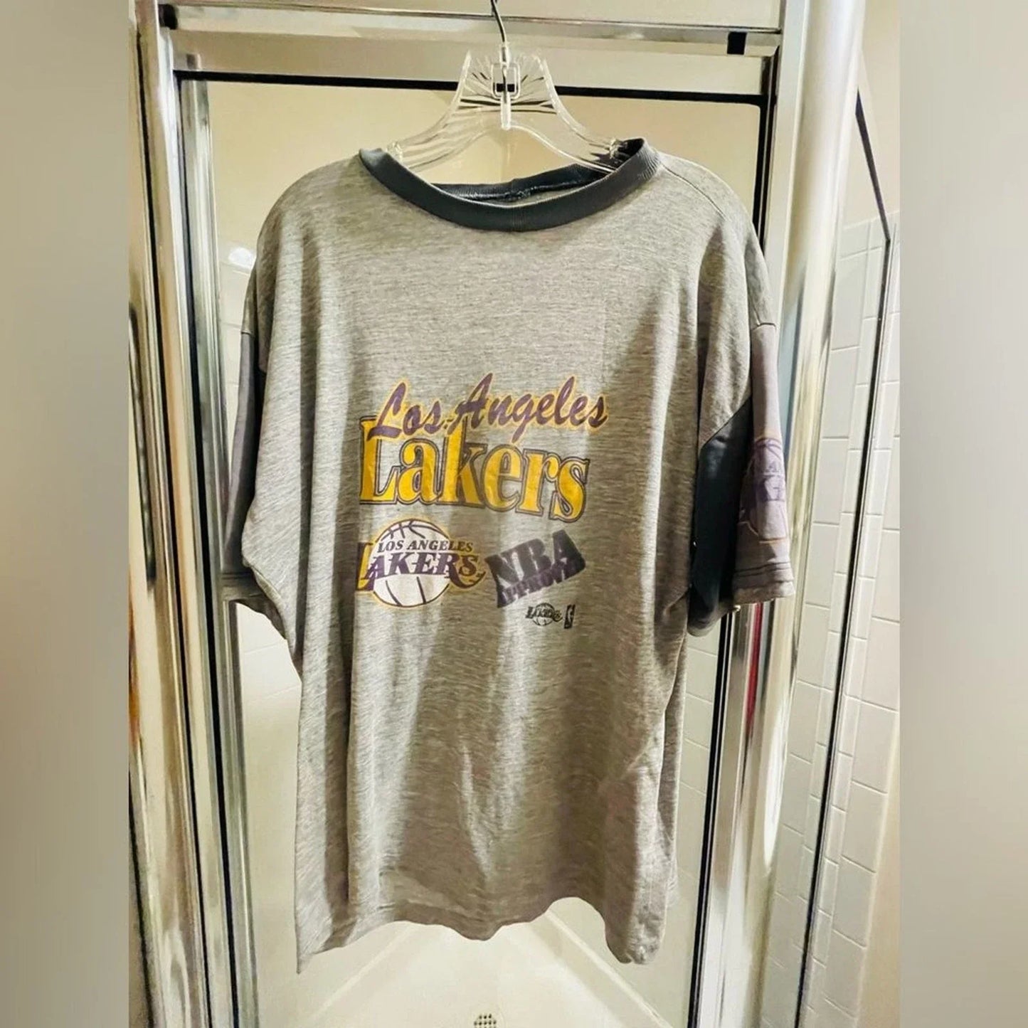 Vintage Lakers Short-Sleeve Shirt - L - Cotton - Y2K NBA Shirt - Yellow Grey Unisex T-shirt, Sweatshirt, Hoodie, Long Sleeve Tee - T-Shirt, Sweatshirt, Hoodie