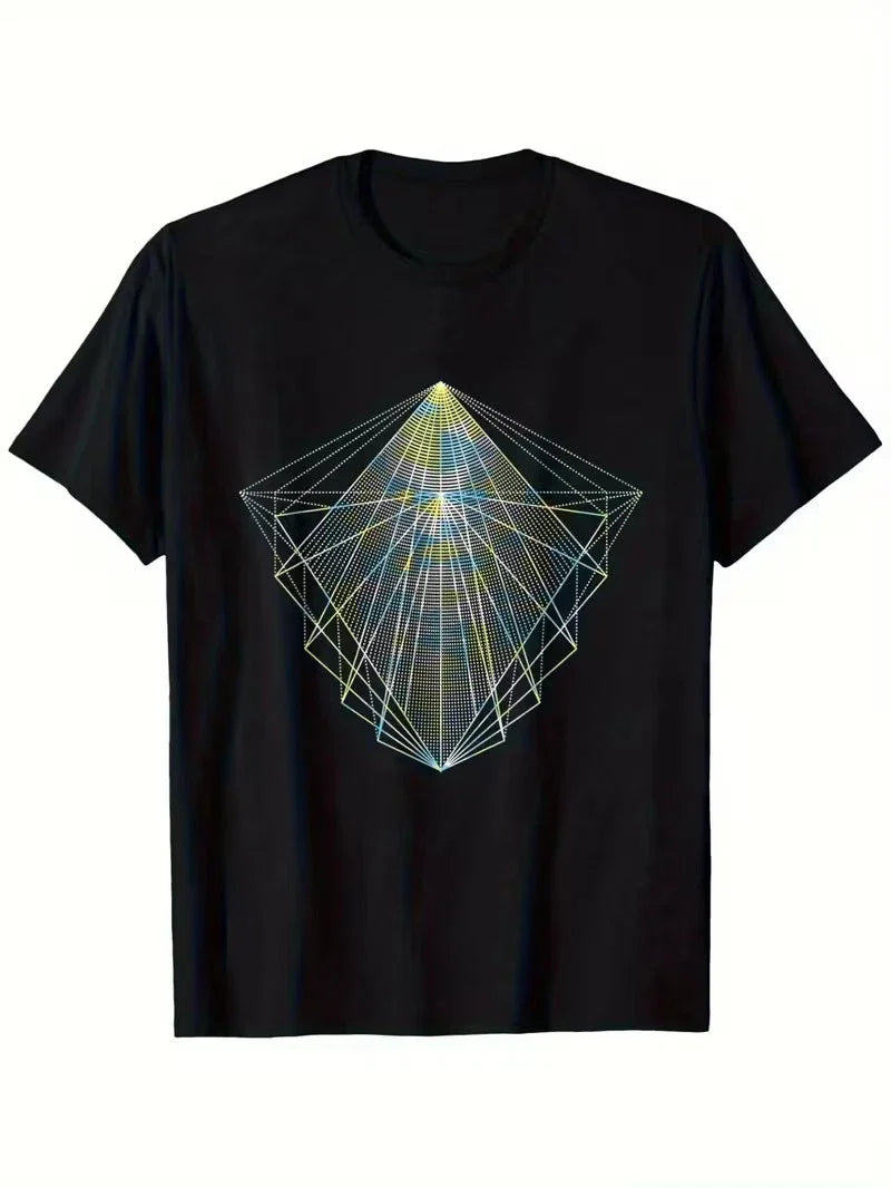 Men's 100% Geometric Triangle Print T-Shirt - Black with Blue & Golden Modern Pa Unisex T-shirt, Sweatshirt, Hoodie, Long Sleeve Tee - T-Shirt, Sweatshirt, Hoodie