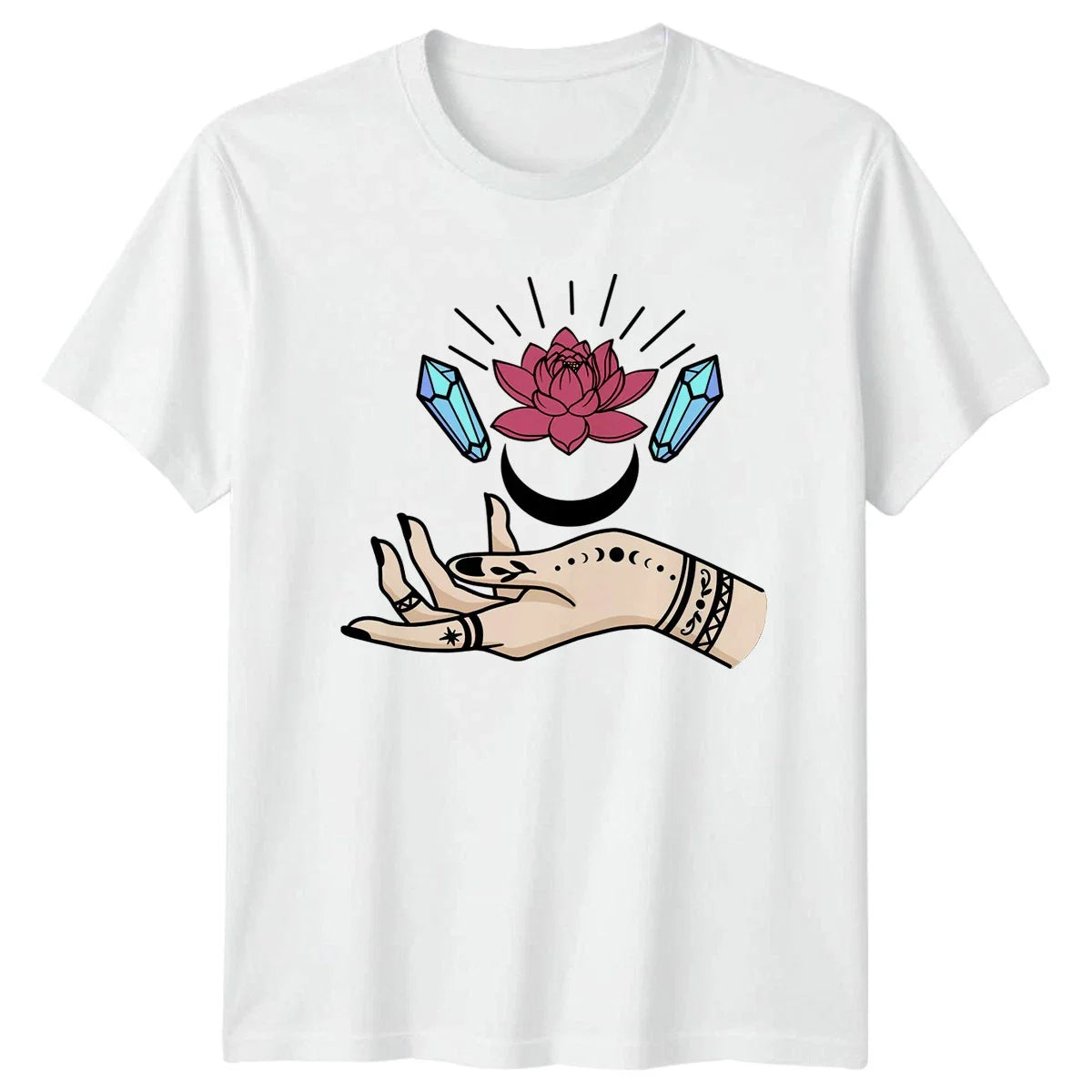 Mystical Hand Lotus Crystal Lunar Spiritual Boho Unisex Graphic Tee Men Womens Unisex T-shirt, Sweatshirt, Hoodie, Long Sleeve Tee - T-Shirt, Sweatshirt, Hoodie