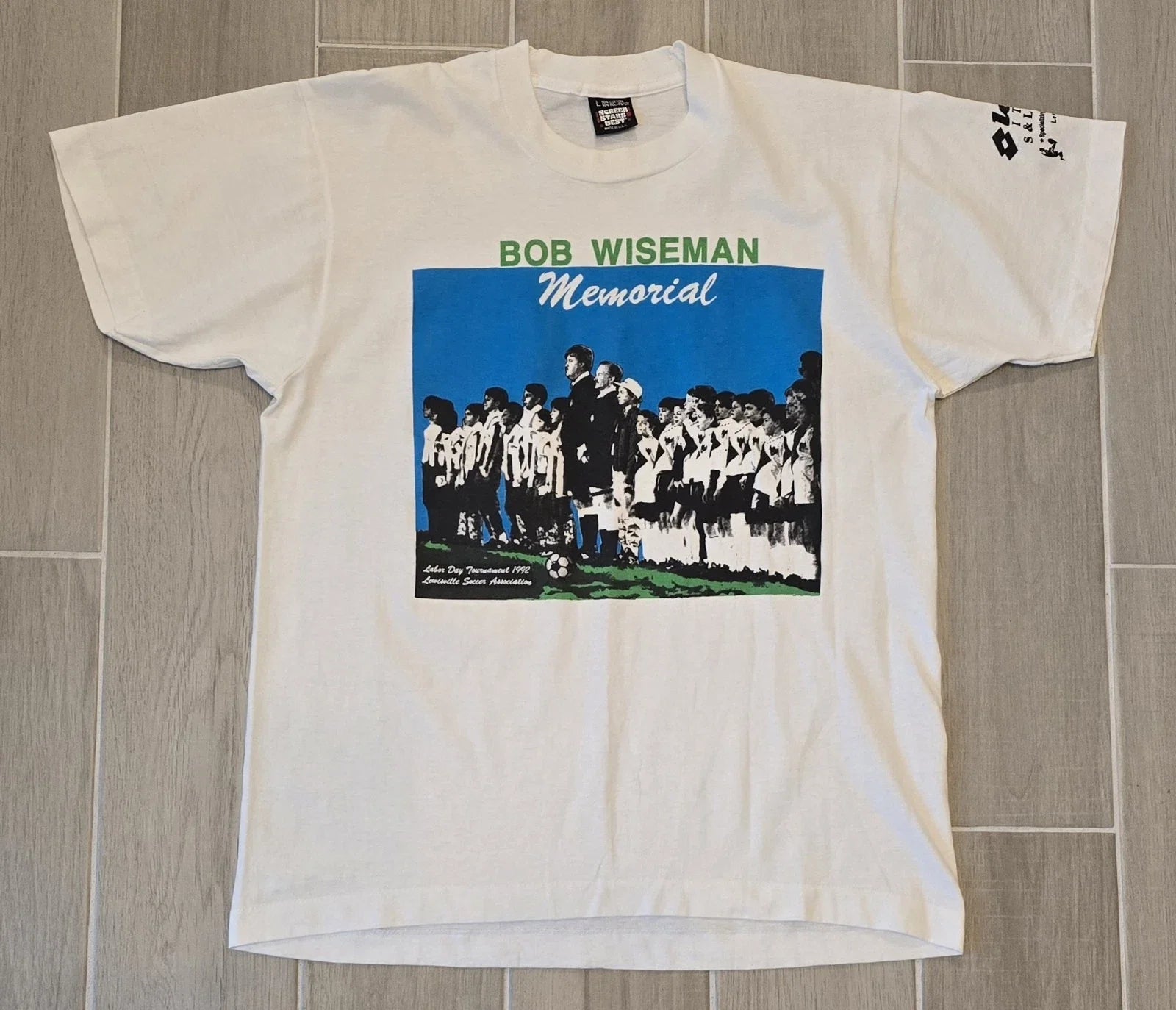 Vintage 1992 Bob Wiseman Memorial Day Soccer Promo T-Shirt Large USA Texas 90's Unisex T-shirt, Sweatshirt, Hoodie, Long Sleeve Tee - T-Shirt, Sweatshirt, Hoodie