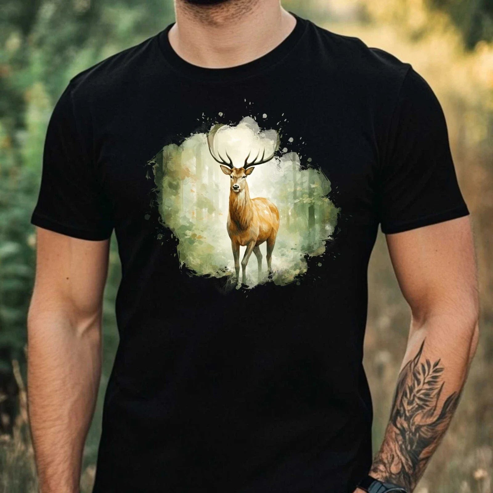 Mens Watercolour Deer Motif Cotton T-Shirt Size XS to 5XL Unisex T-shirt, Sweatshirt, Hoodie, Long Sleeve Tee - T-Shirt, Sweatshirt, Hoodie