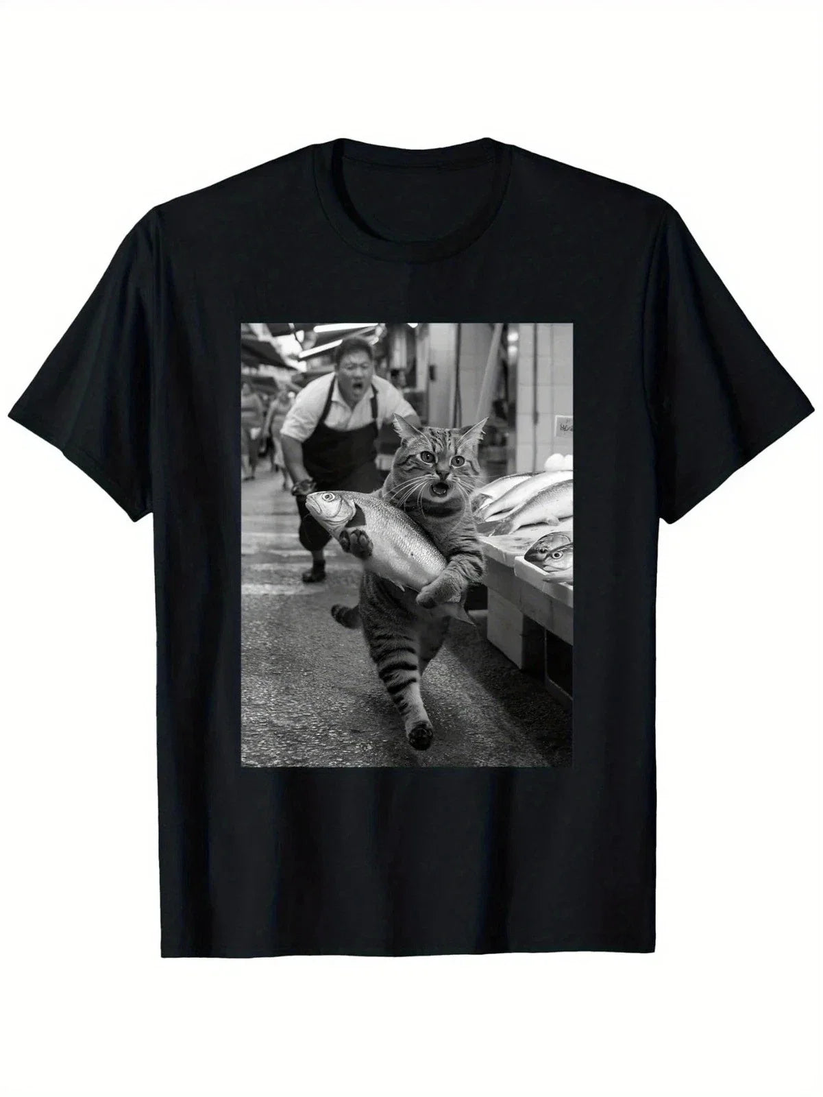 Funny Cat Steals Fish Market Black & White Meme T-Shirt | Unisex | 100% Cotton Unisex T-shirt, Sweatshirt, Hoodie, Long Sleeve Tee - T-Shirt, Sweatshirt, Hoodie