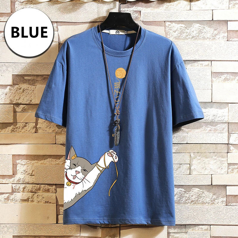 Mens Japanese Cartoon T-Shirt Cat Printed Loose Breathable Plus Size Unisex T-shirt, Sweatshirt, Hoodie, Long Sleeve Tee - T-Shirt, Sweatshirt, Hoodie