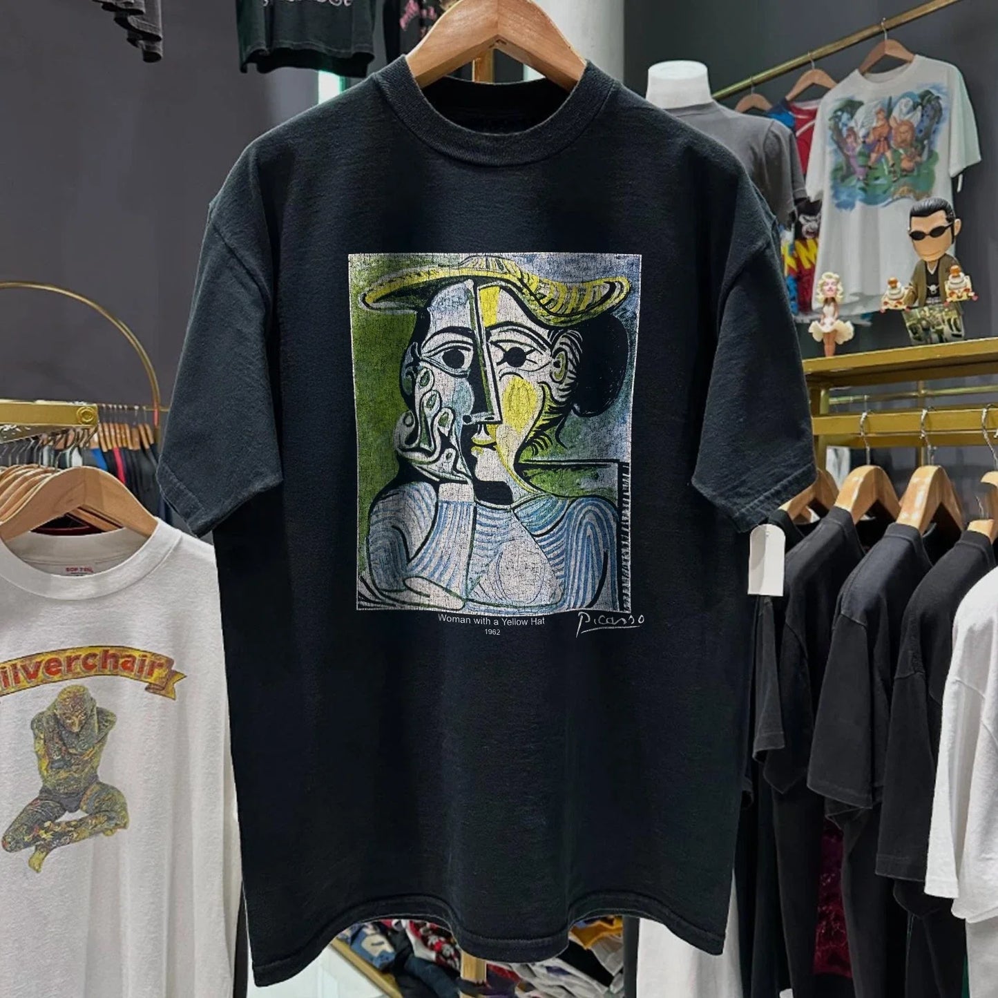 90s Picasso 'Woman With A Yellow Hat" Washed T-Shirt Black XL Unisex T-shirt, Sweatshirt, Hoodie, Long Sleeve Tee - T-Shirt, Sweatshirt, Hoodie
