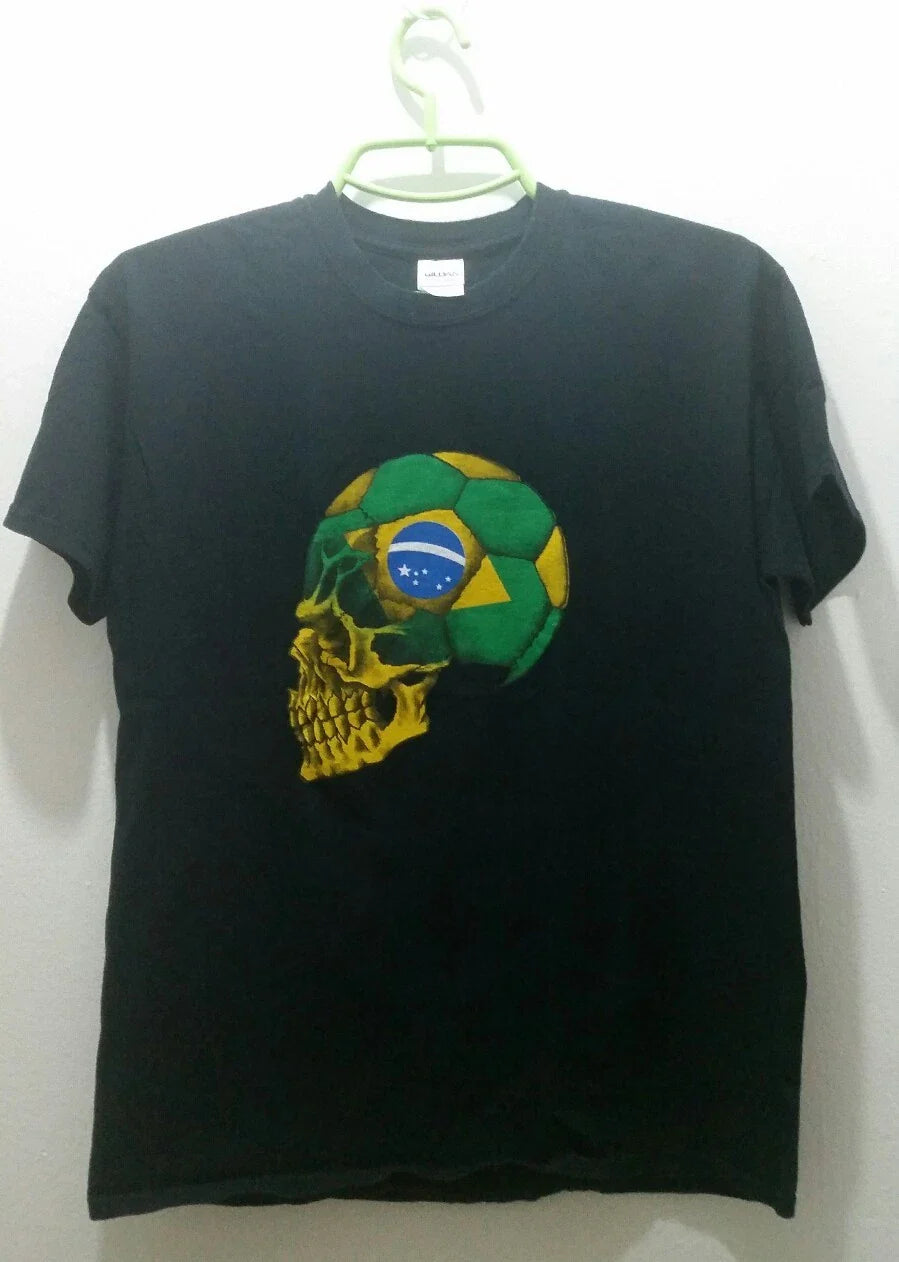 Unisex Soccer World Cup Brazil Skull Black T-Shirt Size L Unisex T-shirt, Sweatshirt, Hoodie, Long Sleeve Tee - T-Shirt, Sweatshirt, Hoodie