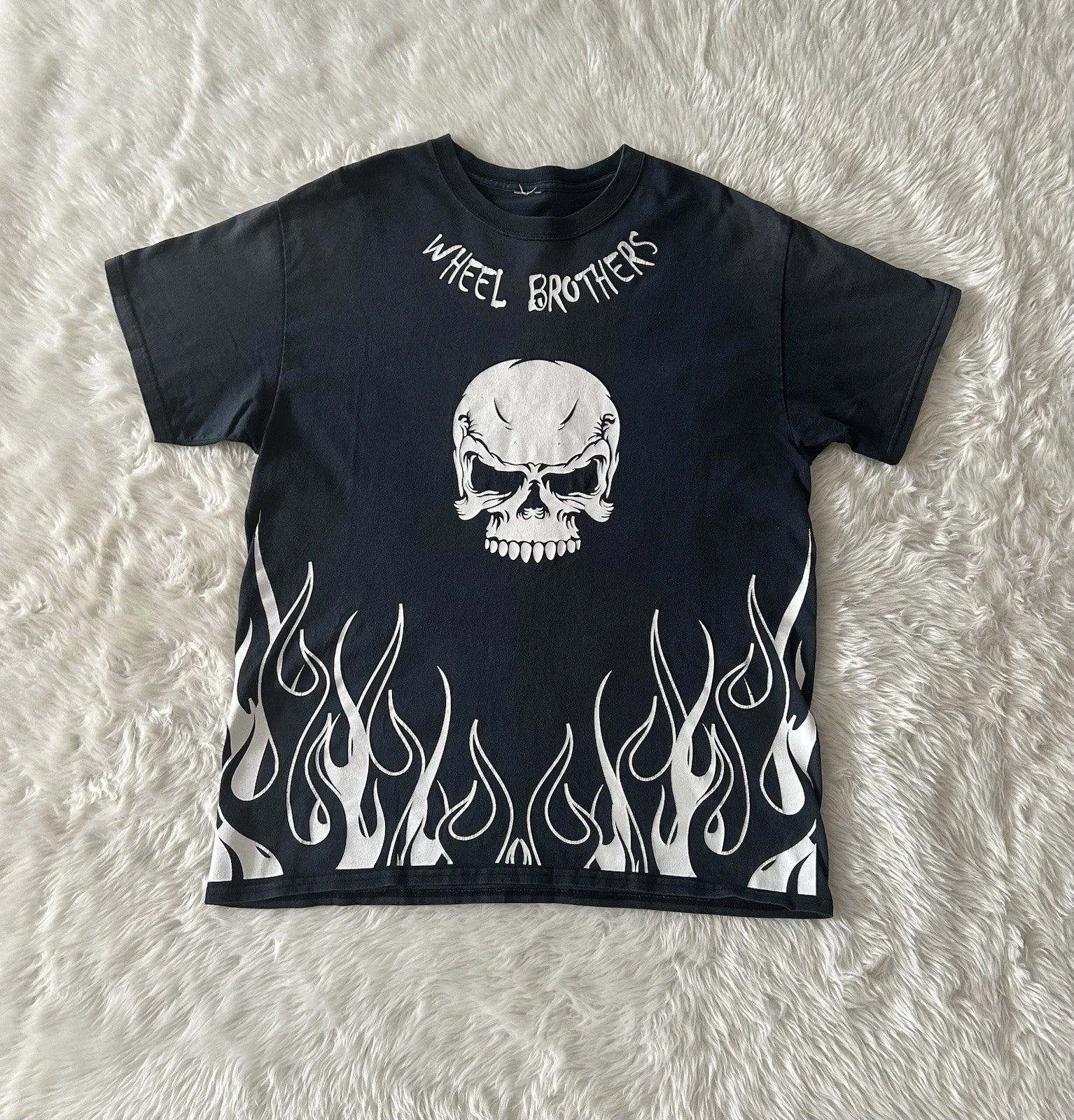 Flaming Skull T Shirt Men L/XL Black White Y2K Style Motorcycle Wheel Brothers Unisex T-shirt, Sweatshirt, Hoodie, Long Sleeve Tee - T-Shirt, Sweatshirt, Hoodie
