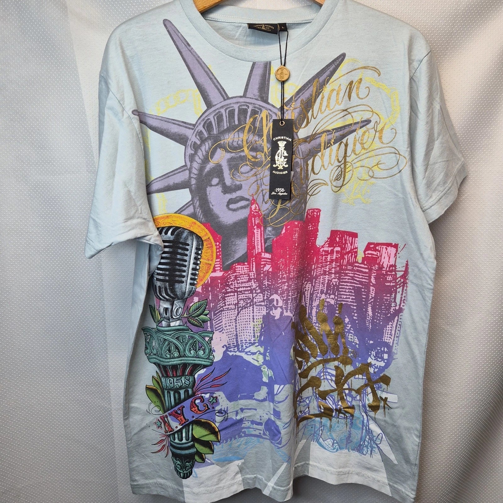 New NWT Vintage Ed Hardy Christian Audigier  Statue of Liberty Tshirt Tee L Y2K Unisex T-shirt, Sweatshirt, Hoodie, Long Sleeve Tee - T-Shirt, Sweatshirt, Hoodie