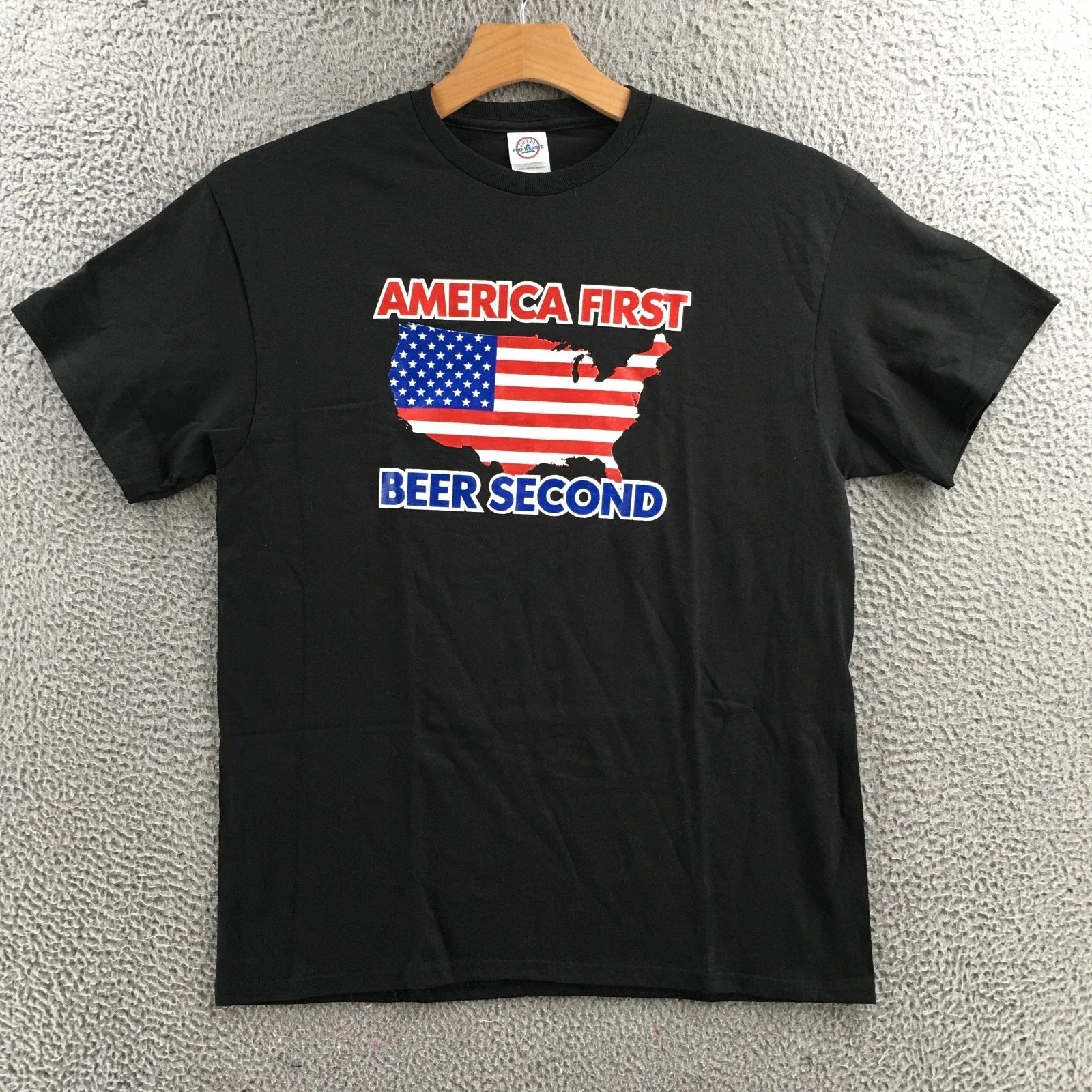 Delta Pro Weight AMERICA FIRST BEER SECONDS Tee Shirt Mens L Black Crew Neck Unisex T-shirt, Sweatshirt, Hoodie, Long Sleeve Tee - T-Shirt, Sweatshirt, Hoodie