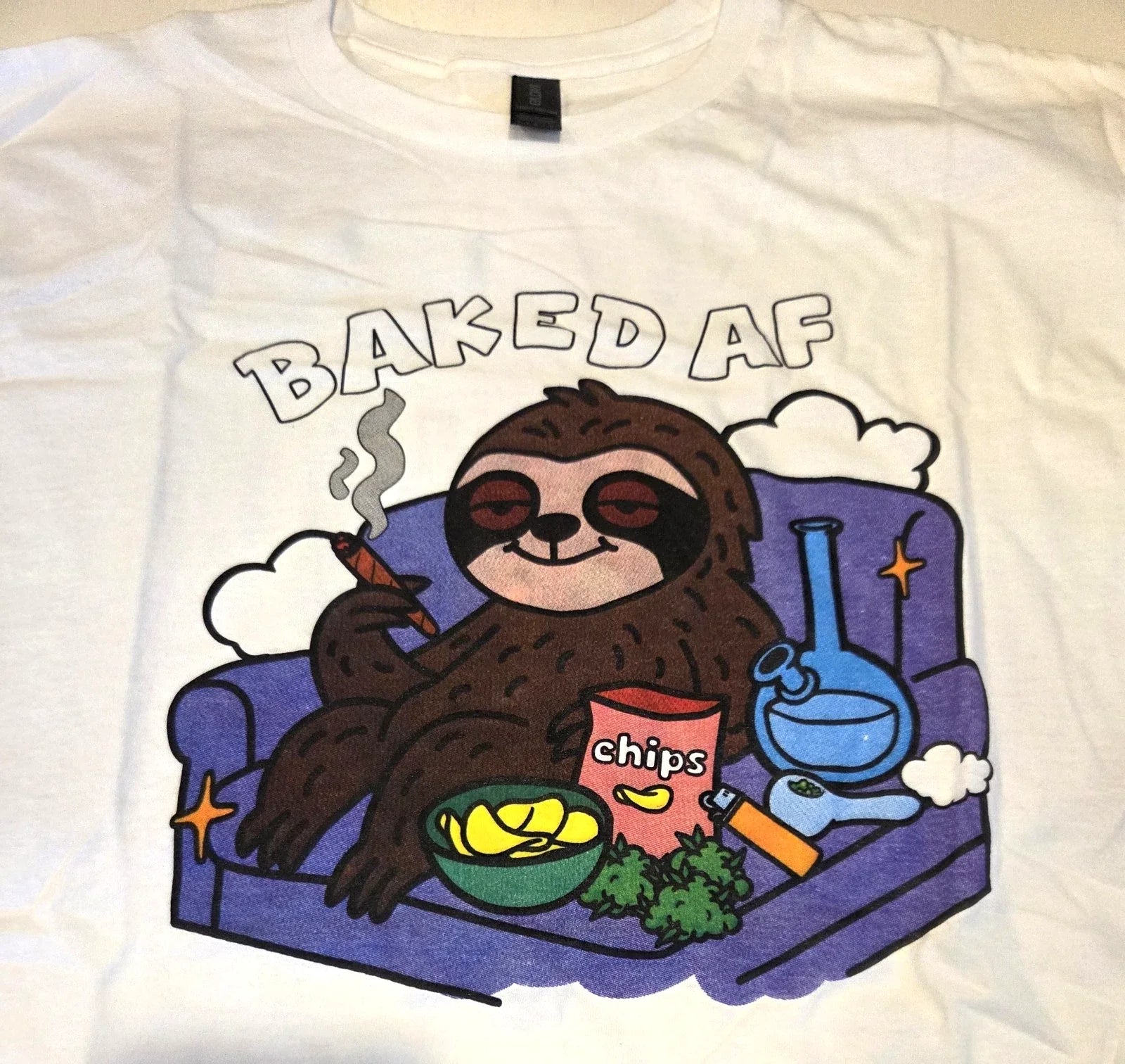 Cannabox T-Shirt - Baked AF - Sloth - White - Large Unisex T-shirt, Sweatshirt, Hoodie, Long Sleeve Tee - T-Shirt, Sweatshirt, Hoodie