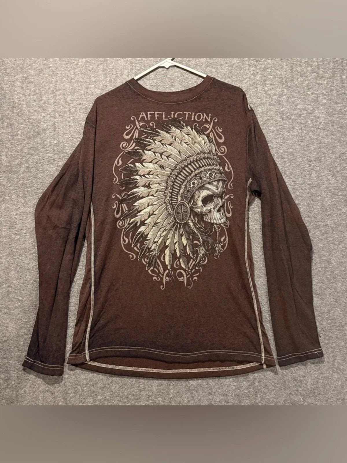 Affliction Long Sleeve Thermal Shirt Mens XL brown Indian Skull Grunge Graphic Unisex T-shirt, Sweatshirt, Hoodie, Long Sleeve Tee - T-Shirt, Sweatshirt, Hoodie