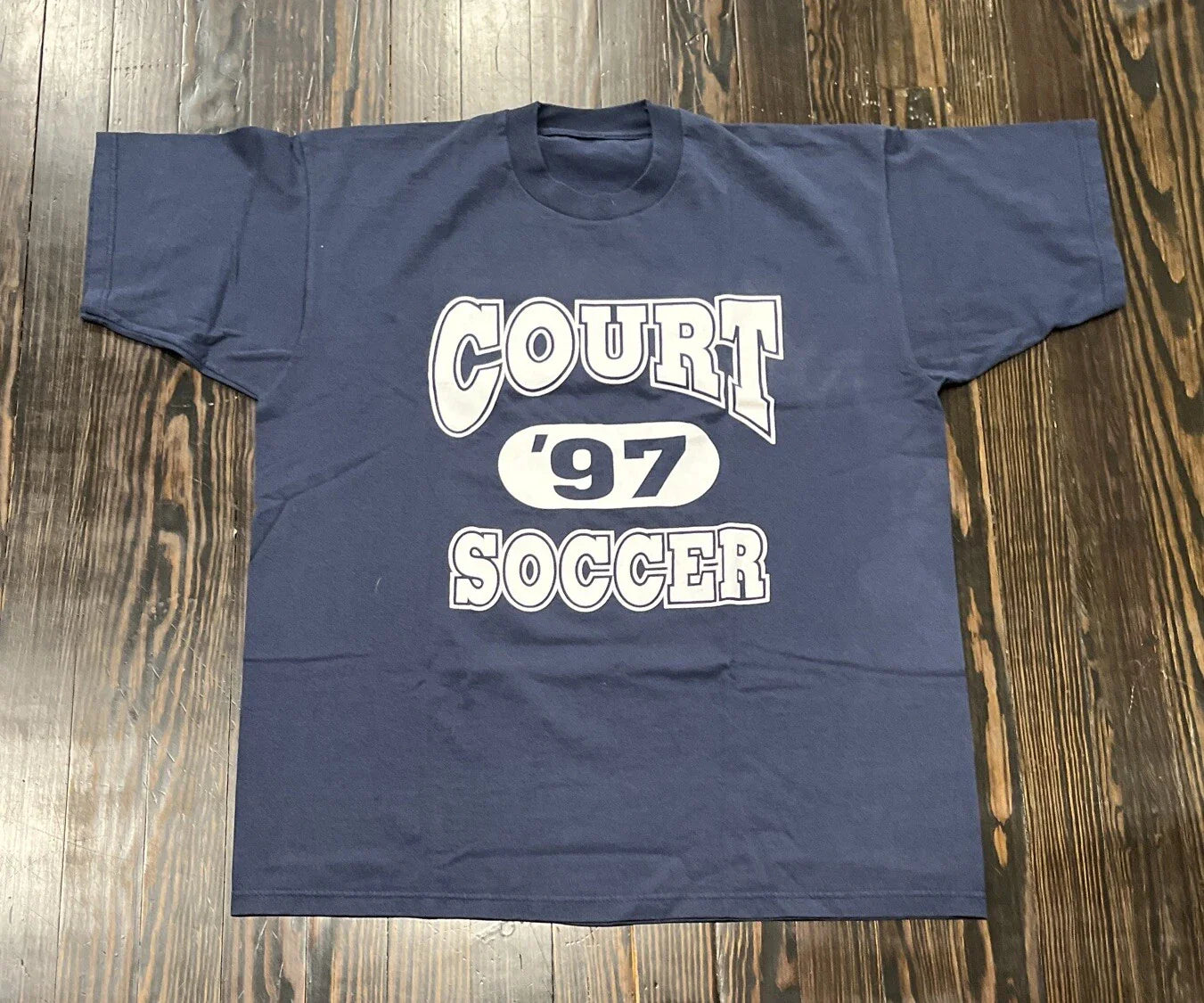Georgian Court Soccer Graphic Print 1997 Vintage T Shirt Mens XL Blue Cotton Unisex T-shirt, Sweatshirt, Hoodie, Long Sleeve Tee - T-Shirt, Sweatshirt, Hoodie