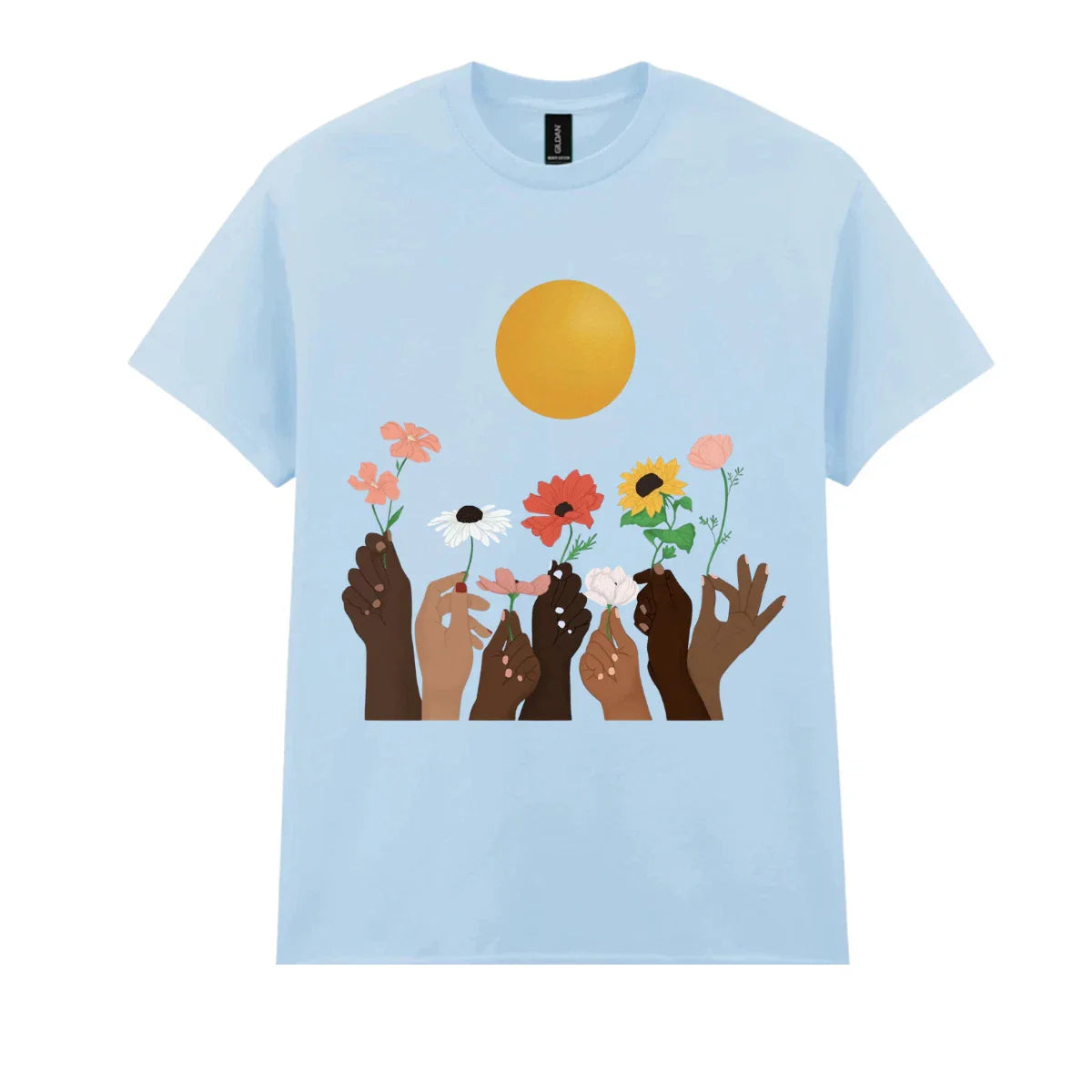 Diversity Hands Holding Flowers T-Shirt Boho Floral Sun Graphic Tee Light Blue Unisex T-shirt, Sweatshirt, Hoodie, Long Sleeve Tee - T-Shirt, Sweatshirt, Hoodie