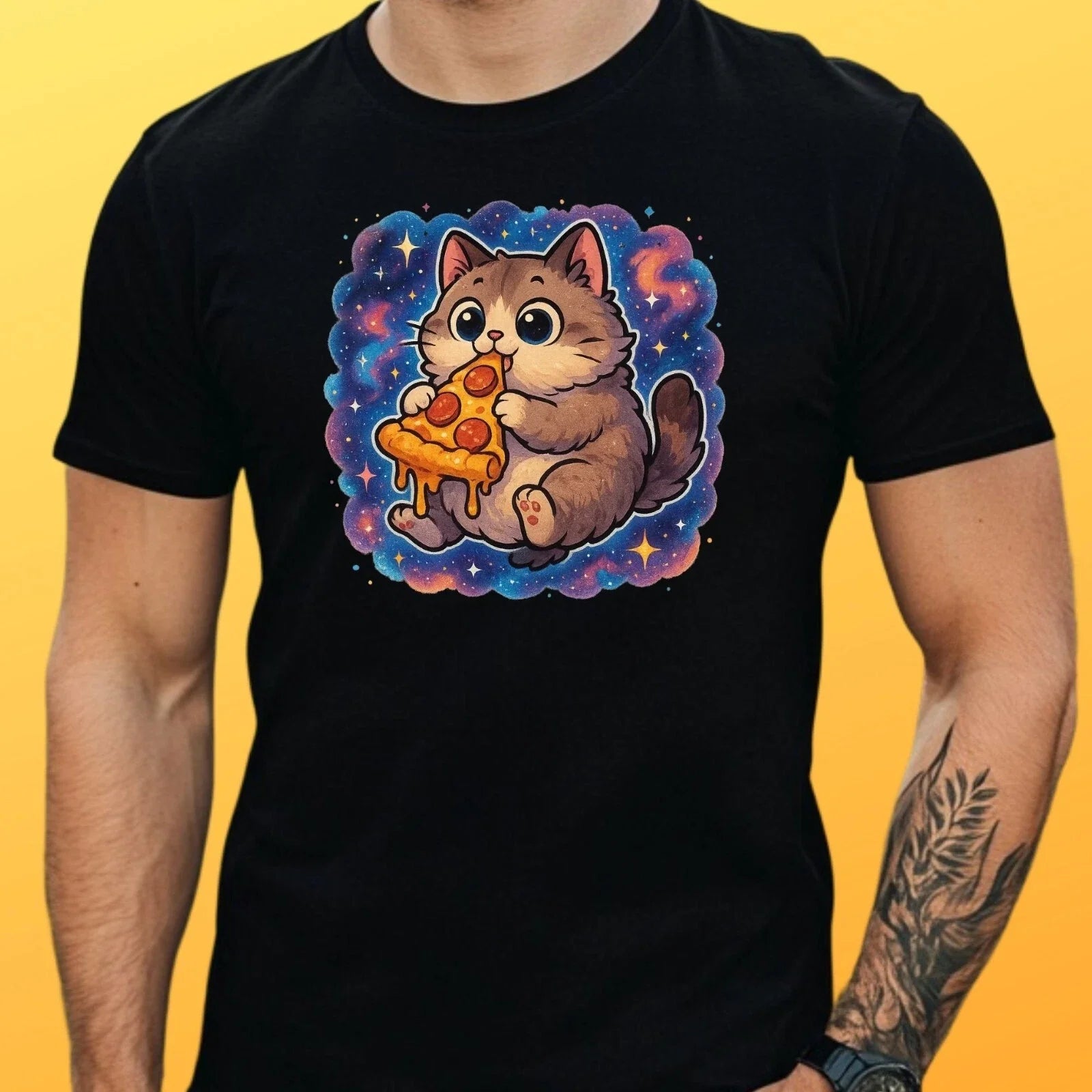 Cat Eating Pizza In Space Theme Cotton Mens T-Shirt Size XS to 5XL Unisex T-shirt, Sweatshirt, Hoodie, Long Sleeve Tee - T-Shirt, Sweatshirt, Hoodie