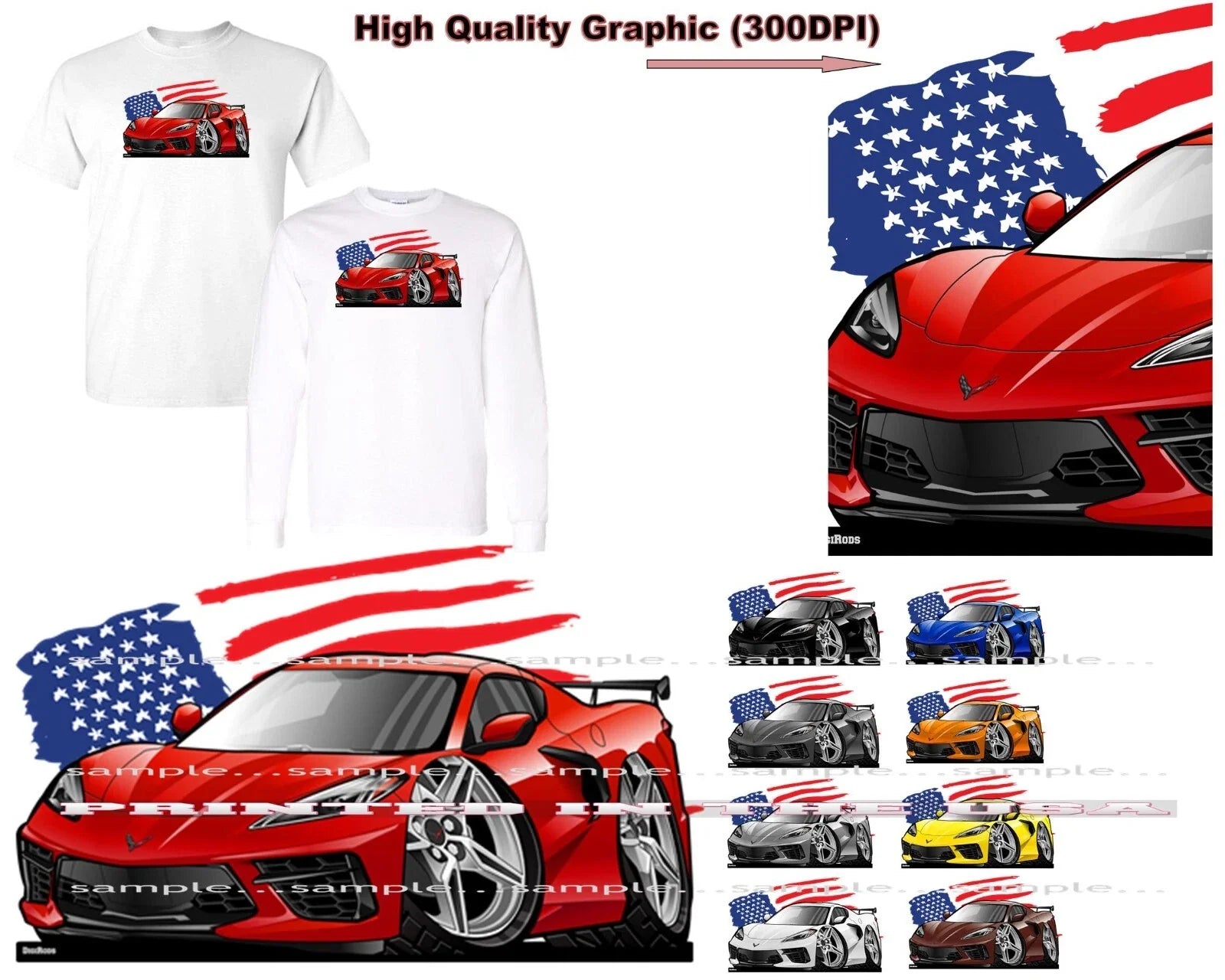 Corvette C8 American Muscle Paint Colors USA Flag DigiRods Cartoon Car T Shirt Unisex T-shirt, Sweatshirt, Hoodie, Long Sleeve Tee - T-Shirt, Sweatshirt, Hoodie