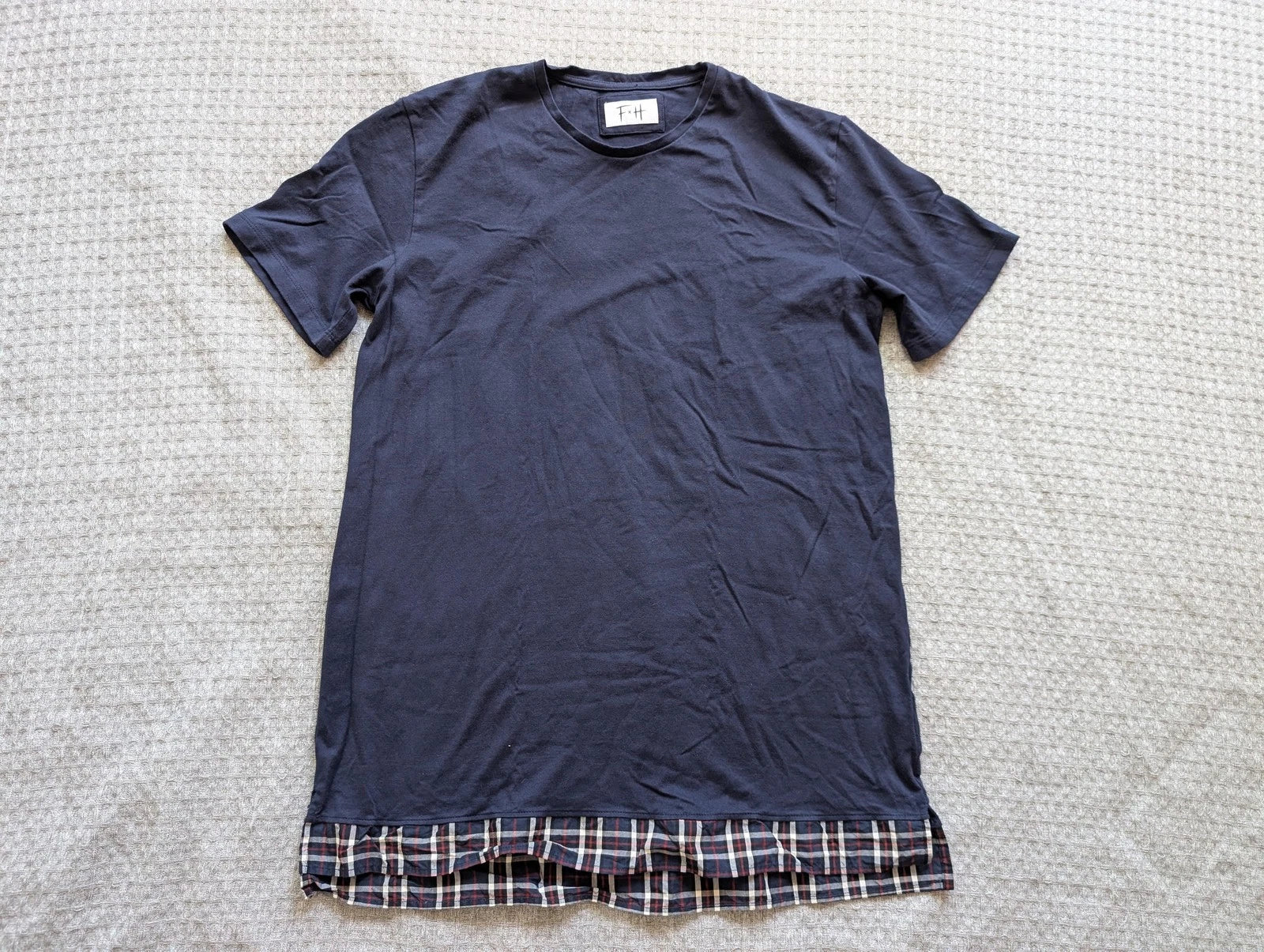 FxH Shirt Mens XL Navy Blue Plaid Hem Longline Streetwear Made USA Cotton Tee Unisex T-shirt, Sweatshirt, Hoodie, Long Sleeve Tee - T-Shirt, Sweatshirt, Hoodie