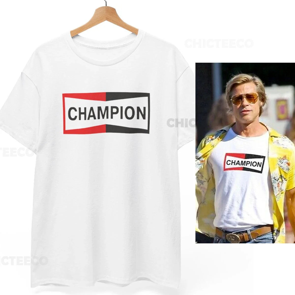 Brad Pitt Champion T-Shirt Cliff Booth Once Upon a Time In Hollywood Unisex Tee Unisex T-shirt, Sweatshirt, Hoodie, Long Sleeve Tee - T-Shirt, Sweatshirt, Hoodie