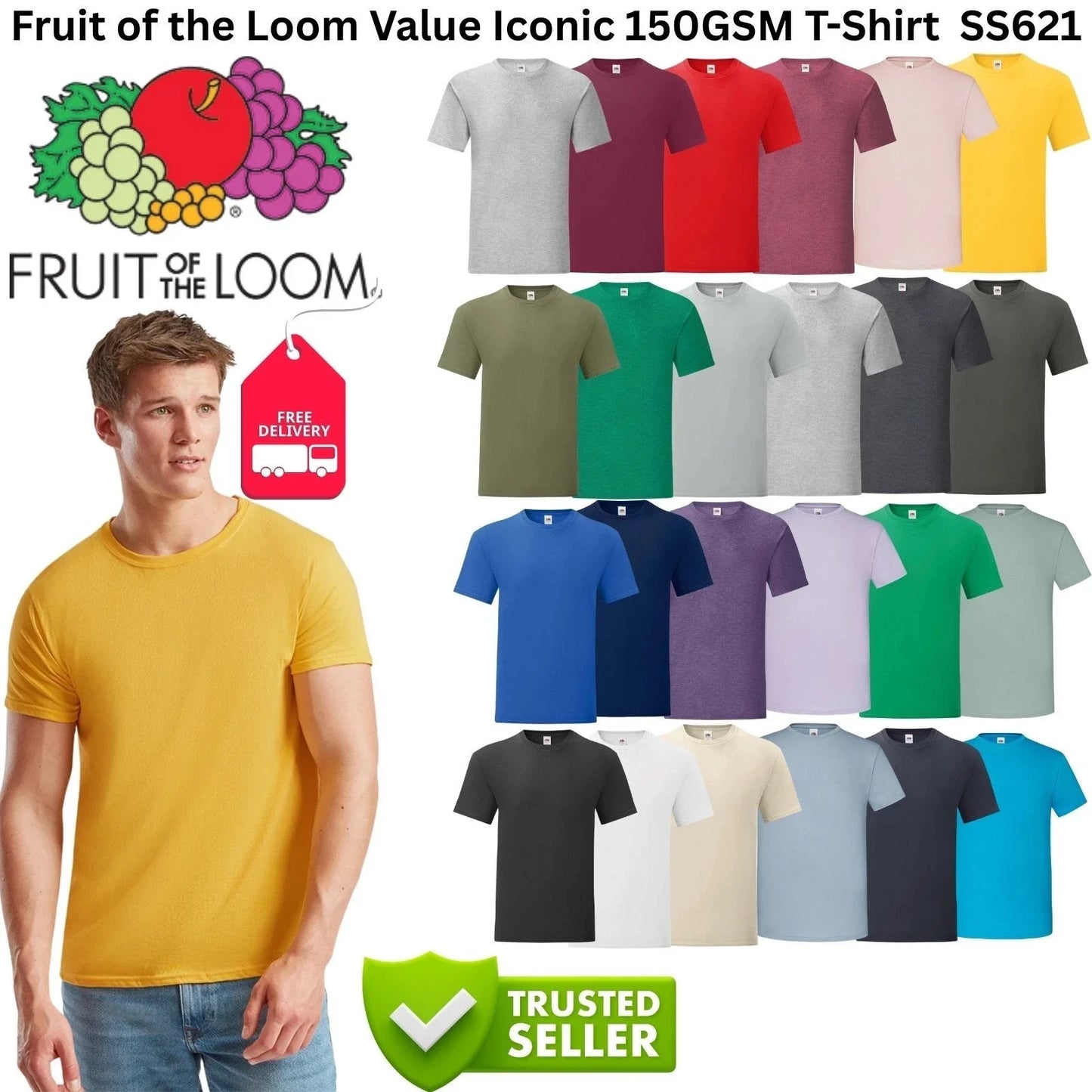 Fruit of the Loom Iconic SS621 T-Shirt Mens 150GSM Soft Cotton Plain Short Sleev Unisex T-shirt, Sweatshirt, Hoodie, Long Sleeve Tee - T-Shirt, Sweatshirt, Hoodie