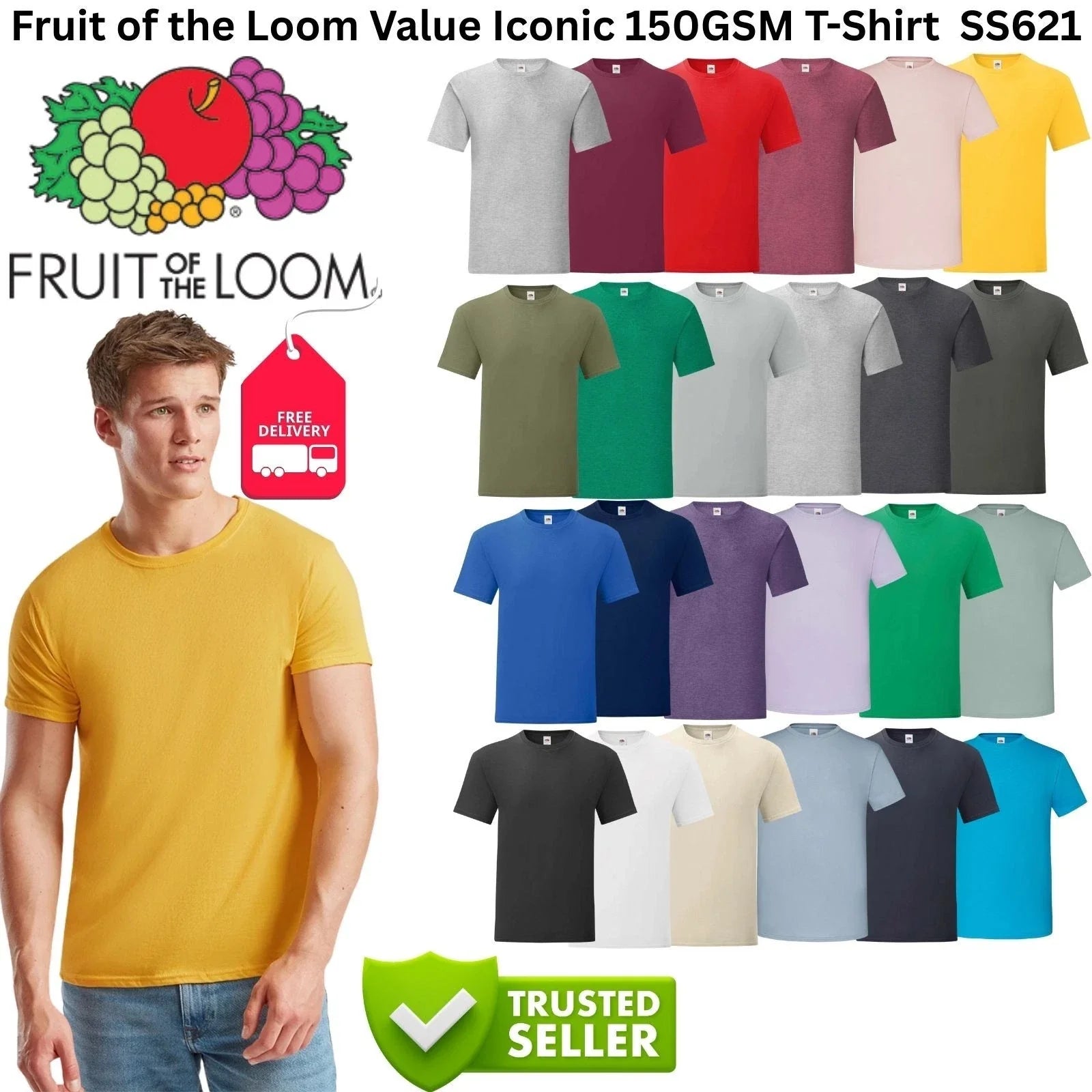 Fruit of the Loom Iconic SS621 T-Shirt Mens 150GSM Soft Cotton Plain Short Sleev Unisex T-shirt, Sweatshirt, Hoodie, Long Sleeve Tee - T-Shirt, Sweatshirt, Hoodie