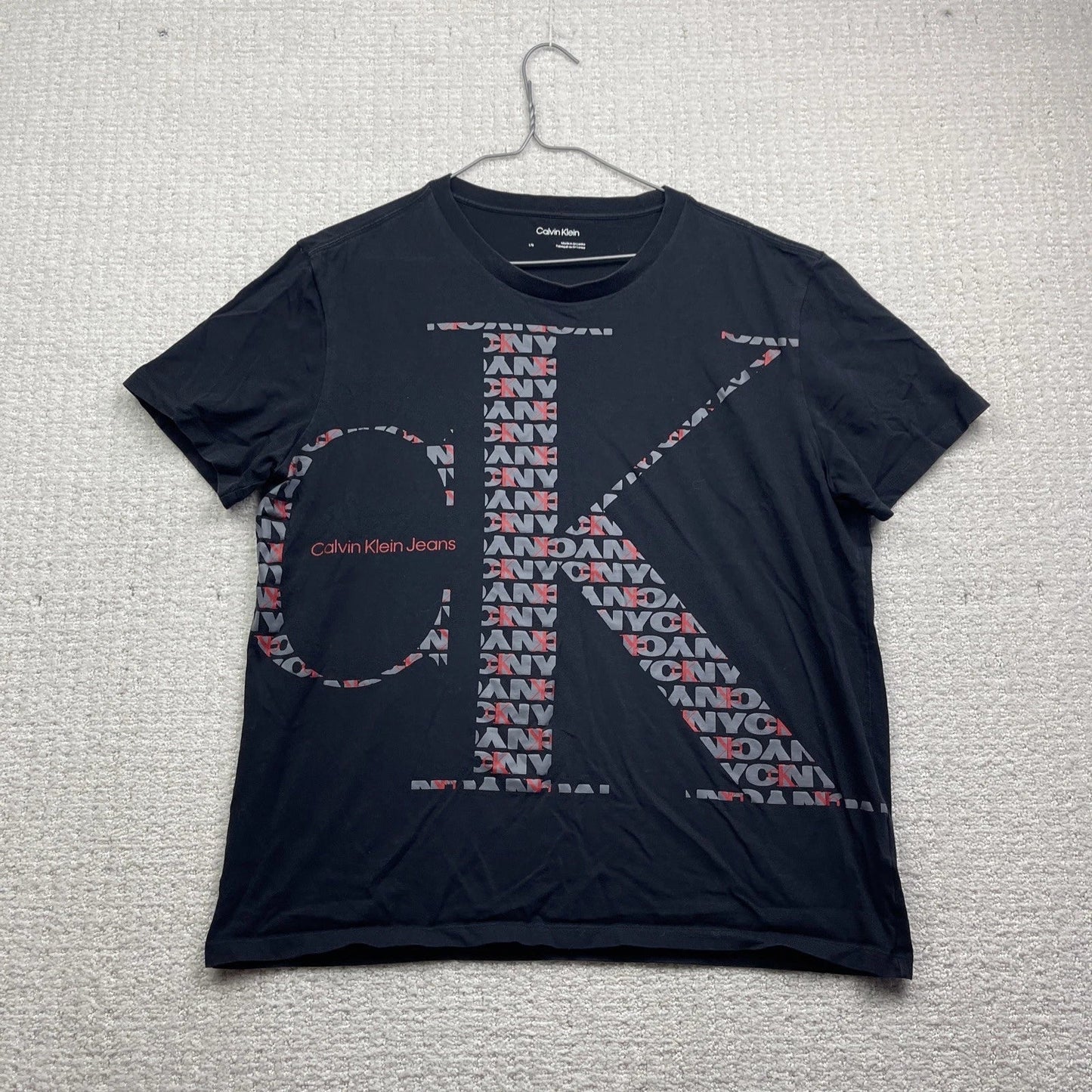 Y2K Calvin Klein T-Shirt Mens L Black Abstract CK Logo Graphic Grey / Red Unisex T-shirt, Sweatshirt, Hoodie, Long Sleeve Tee - T-Shirt, Sweatshirt, Hoodie