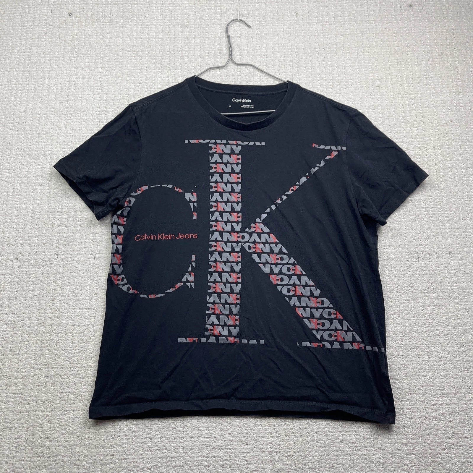 Y2K Calvin Klein T-Shirt Mens L Black Abstract CK Logo Graphic Grey / Red Unisex T-shirt, Sweatshirt, Hoodie, Long Sleeve Tee - T-Shirt, Sweatshirt, Hoodie