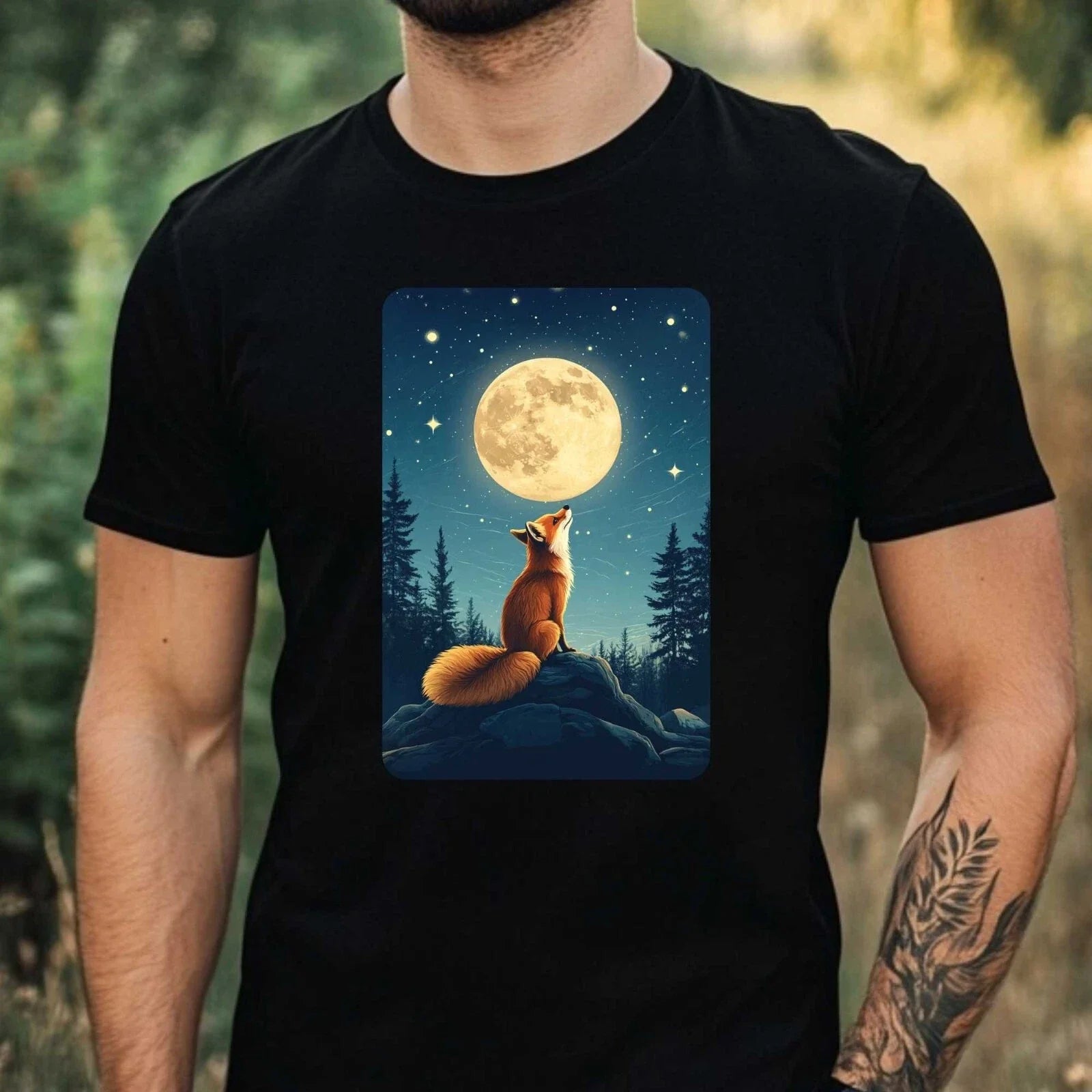 Mens Fox Full Moon Motif Cotton T-Shirt Size XS to 5XL Unisex T-shirt, Sweatshirt, Hoodie, Long Sleeve Tee - T-Shirt, Sweatshirt, Hoodie