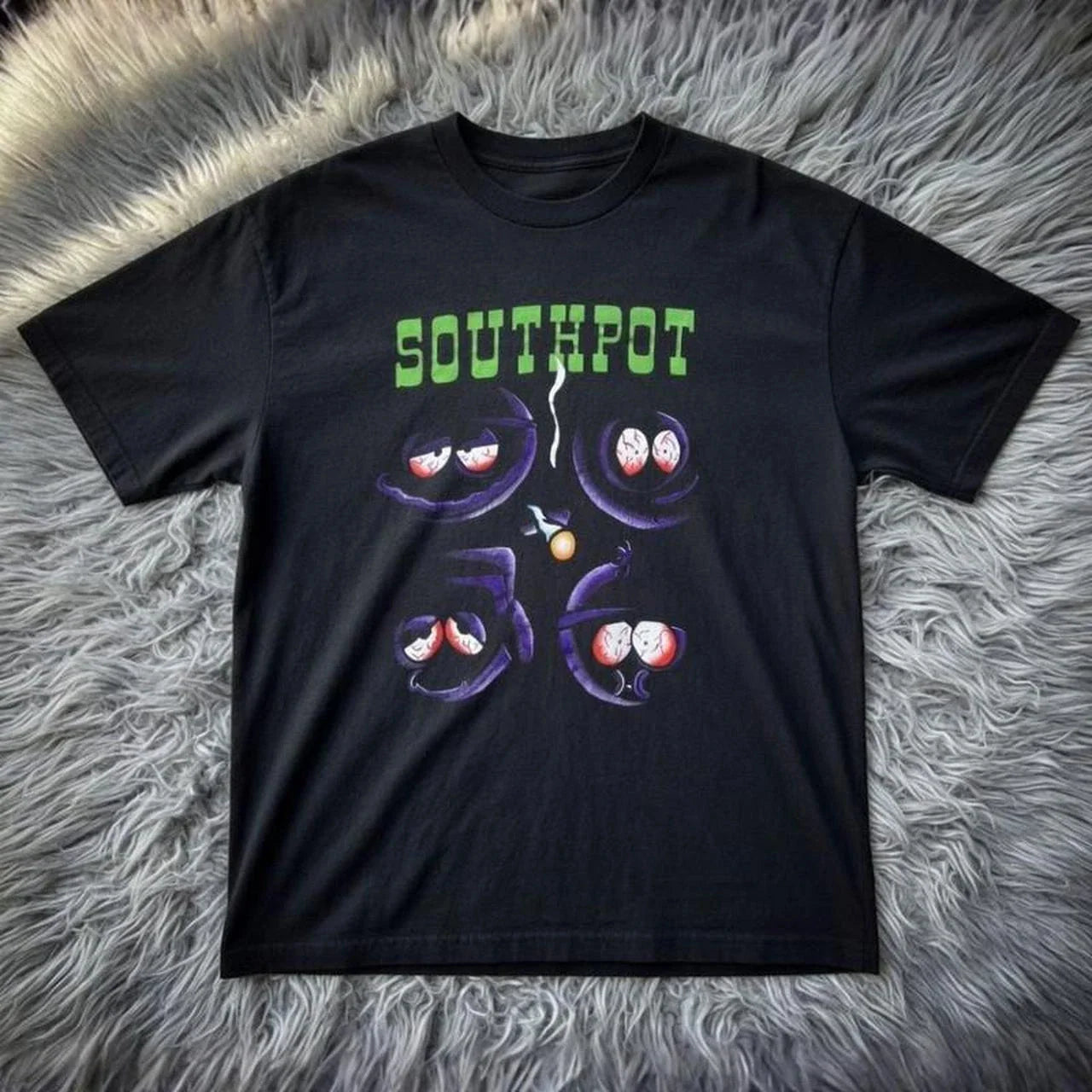 Southpot Smoking Purple Eyes Graphic Tee - Black Oversized Cartoon Streetwear Sh Unisex T-shirt, Sweatshirt, Hoodie, Long Sleeve Tee - T-Shirt, Sweatshirt, Hoodie