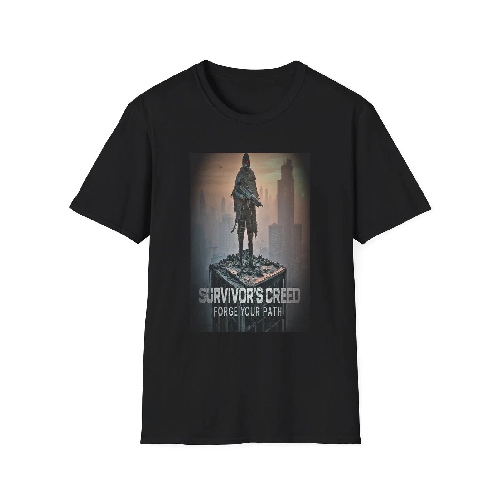 Survivor's Creed Forge Your Path-Gaming Graphic Tee, Post-Apocalyptic Art, black Unisex T-shirt, Sweatshirt, Hoodie, Long Sleeve Tee - T-Shirt, Sweatshirt, Hoodie