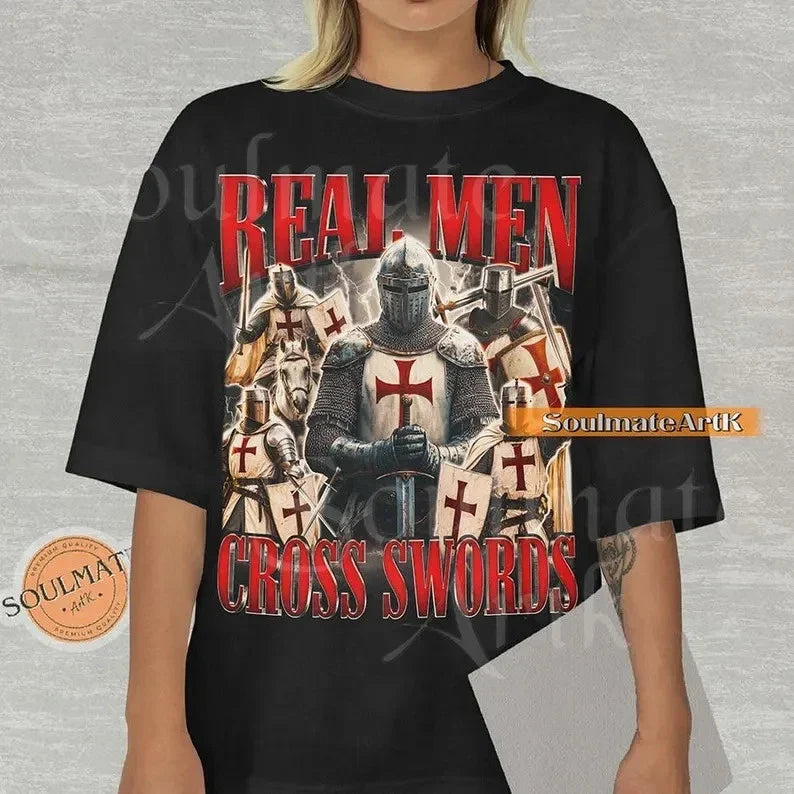 Real Men Cross Swords Shirt, Funny Hilarious Knight Bootleg Tshirt, Meme Joke Co Unisex T-shirt, Sweatshirt, Hoodie, Long Sleeve Tee - T-Shirt, Sweatshirt, Hoodie