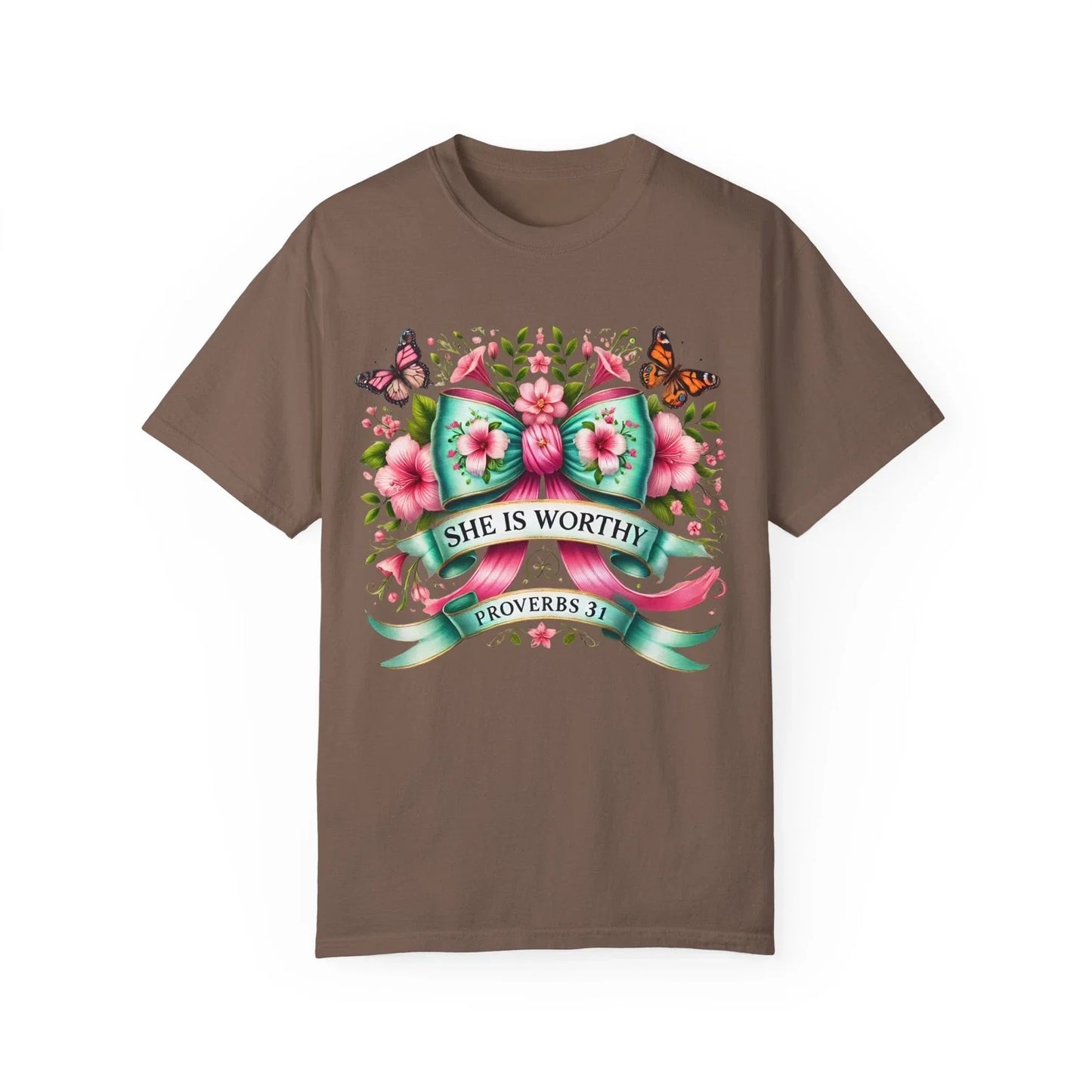 She is Worthy T-shirt, coquette bow butterfly  tee Floral Shirt, Proverbs 31 Unisex T-shirt, Sweatshirt, Hoodie, Long Sleeve Tee - T-Shirt, Sweatshirt, Hoodie
