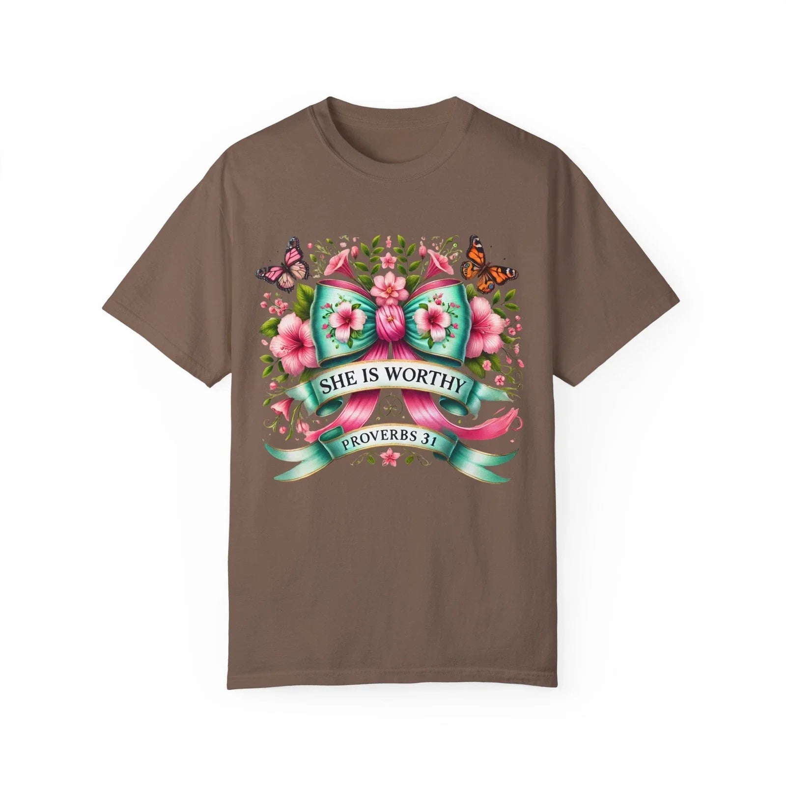 She is Worthy T-shirt, coquette bow butterfly  tee Floral Shirt, Proverbs 31 Unisex T-shirt, Sweatshirt, Hoodie, Long Sleeve Tee - T-Shirt, Sweatshirt, Hoodie