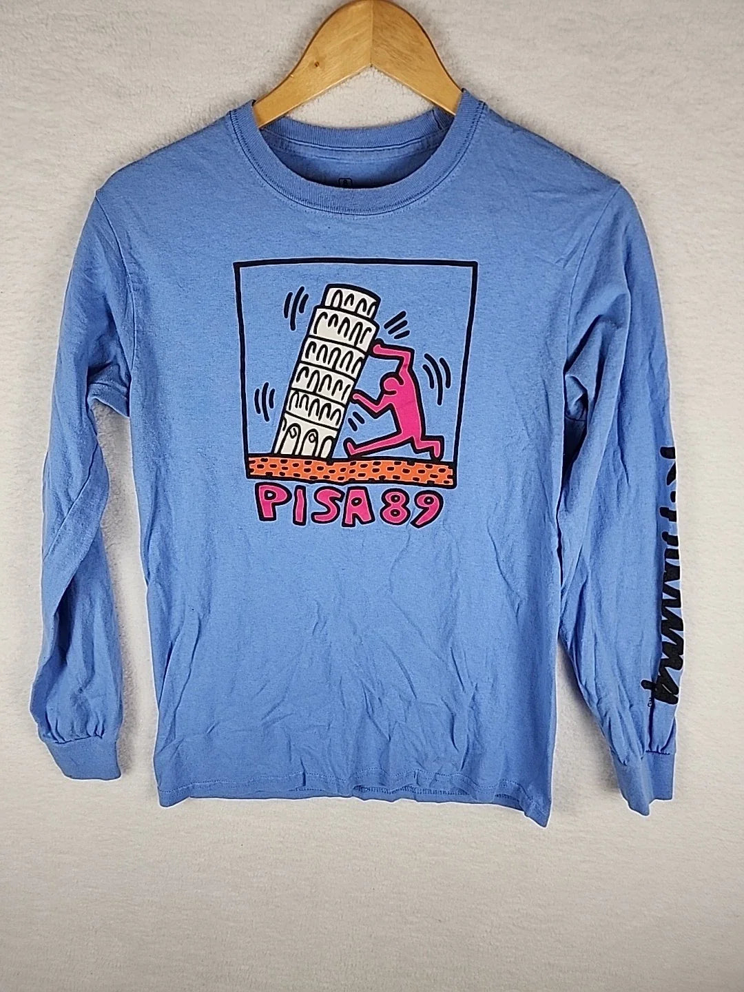 Vyg? Keith Haring Pisa 89 Shirt Blue Pink Leaning Tower Long Sleeve Size Small Unisex T-shirt, Sweatshirt, Hoodie, Long Sleeve Tee - T-Shirt, Sweatshirt, Hoodie