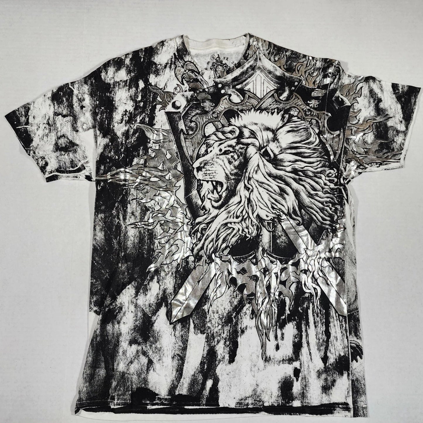 Blak Black Lion Y2K Graphic All Over Print T Shirt Silver Metallic Sword Mens L Unisex T-shirt, Sweatshirt, Hoodie, Long Sleeve Tee - T-Shirt, Sweatshirt, Hoodie