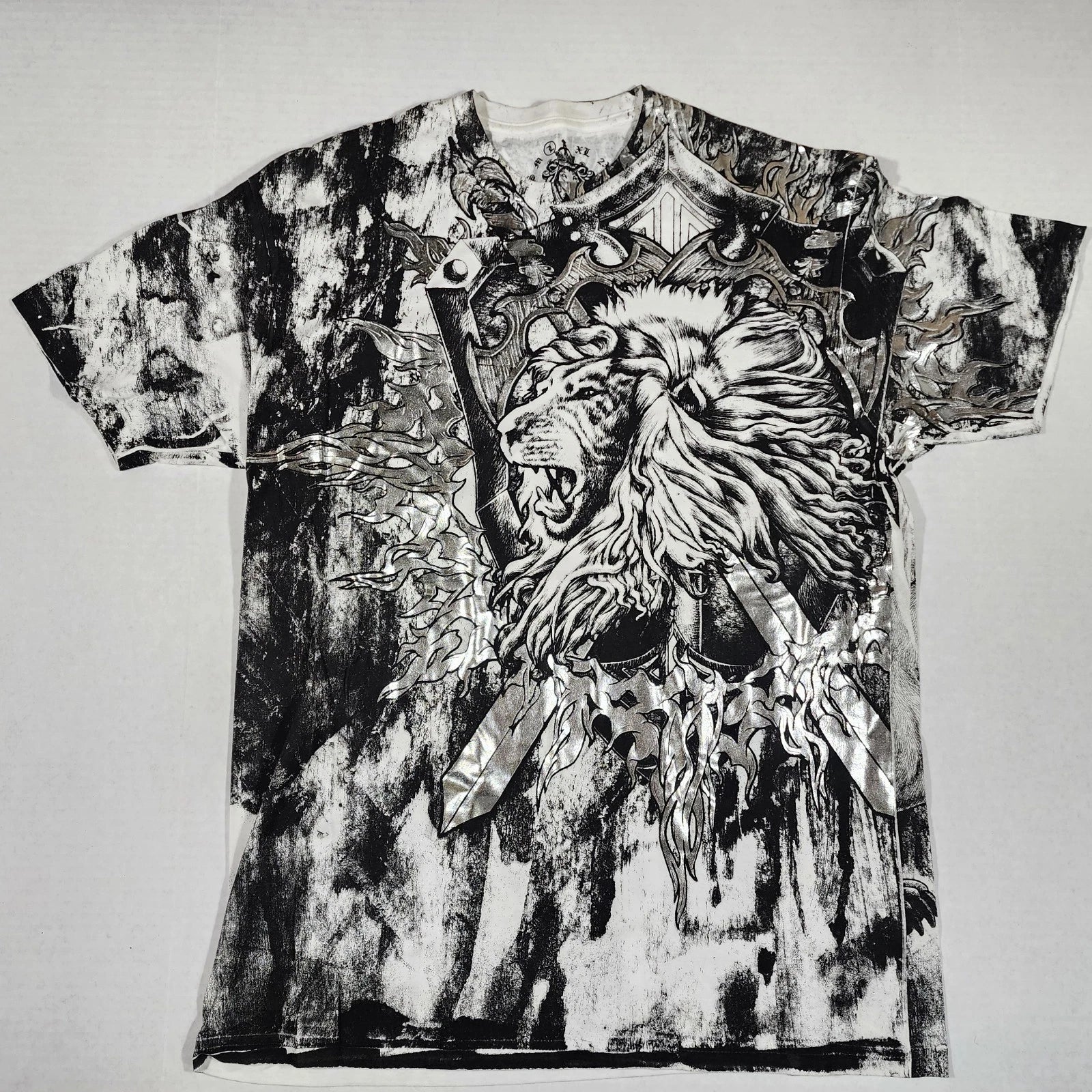 Blak Black Lion Y2K Graphic All Over Print T Shirt Silver Metallic Sword Mens L Unisex T-shirt, Sweatshirt, Hoodie, Long Sleeve Tee - T-Shirt, Sweatshirt, Hoodie