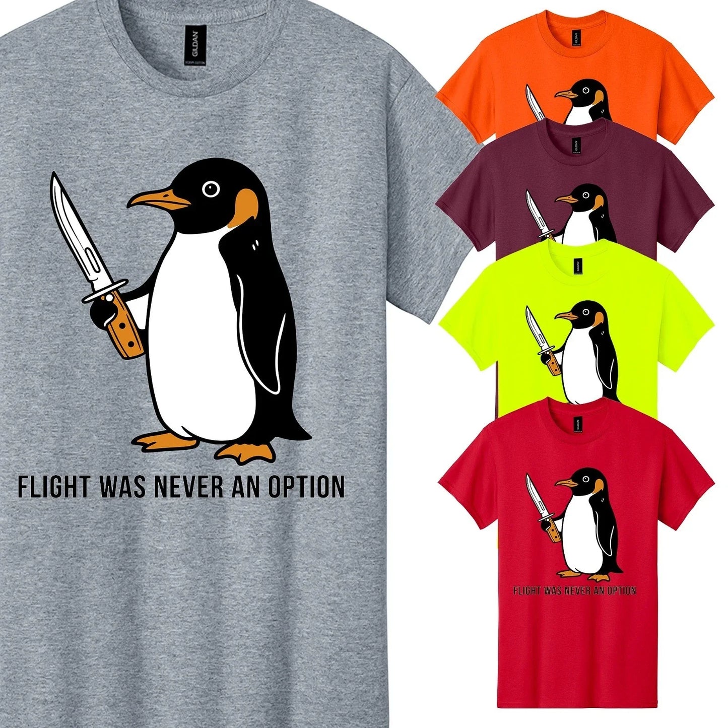 Funny Penguin With Knife Men's T-Shirt Flight Was Never Option Meme Graphic Tee Unisex T-shirt, Sweatshirt, Hoodie, Long Sleeve Tee - T-Shirt, Sweatshirt, Hoodie