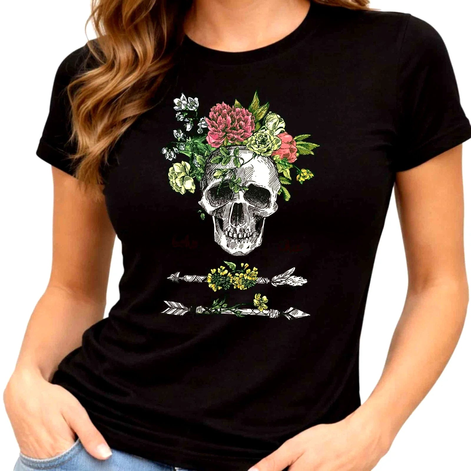 Flower Skull Graphic T-Shirt Floral Sugar Skull Tee Gothic Boho Tattoo Art Unisex T-shirt, Sweatshirt, Hoodie, Long Sleeve Tee - T-Shirt, Sweatshirt, Hoodie