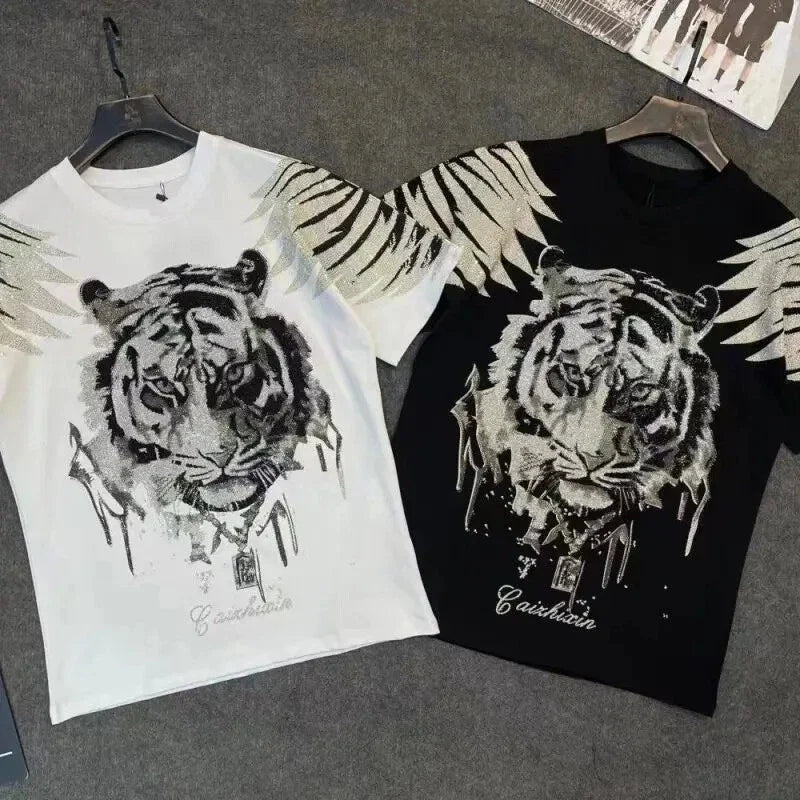 New Men Luxury Tiger Rhinestones Fashion Black White T-Shirt High Quality Unisex T-shirt, Sweatshirt, Hoodie, Long Sleeve Tee - T-Shirt, Sweatshirt, Hoodie