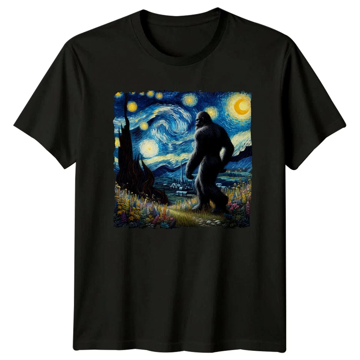 Bigfoot Starry Night Parody Art T-Shirt Funny Sasquatch Tee Unisex T-shirt, Sweatshirt, Hoodie, Long Sleeve Tee - T-Shirt, Sweatshirt, Hoodie