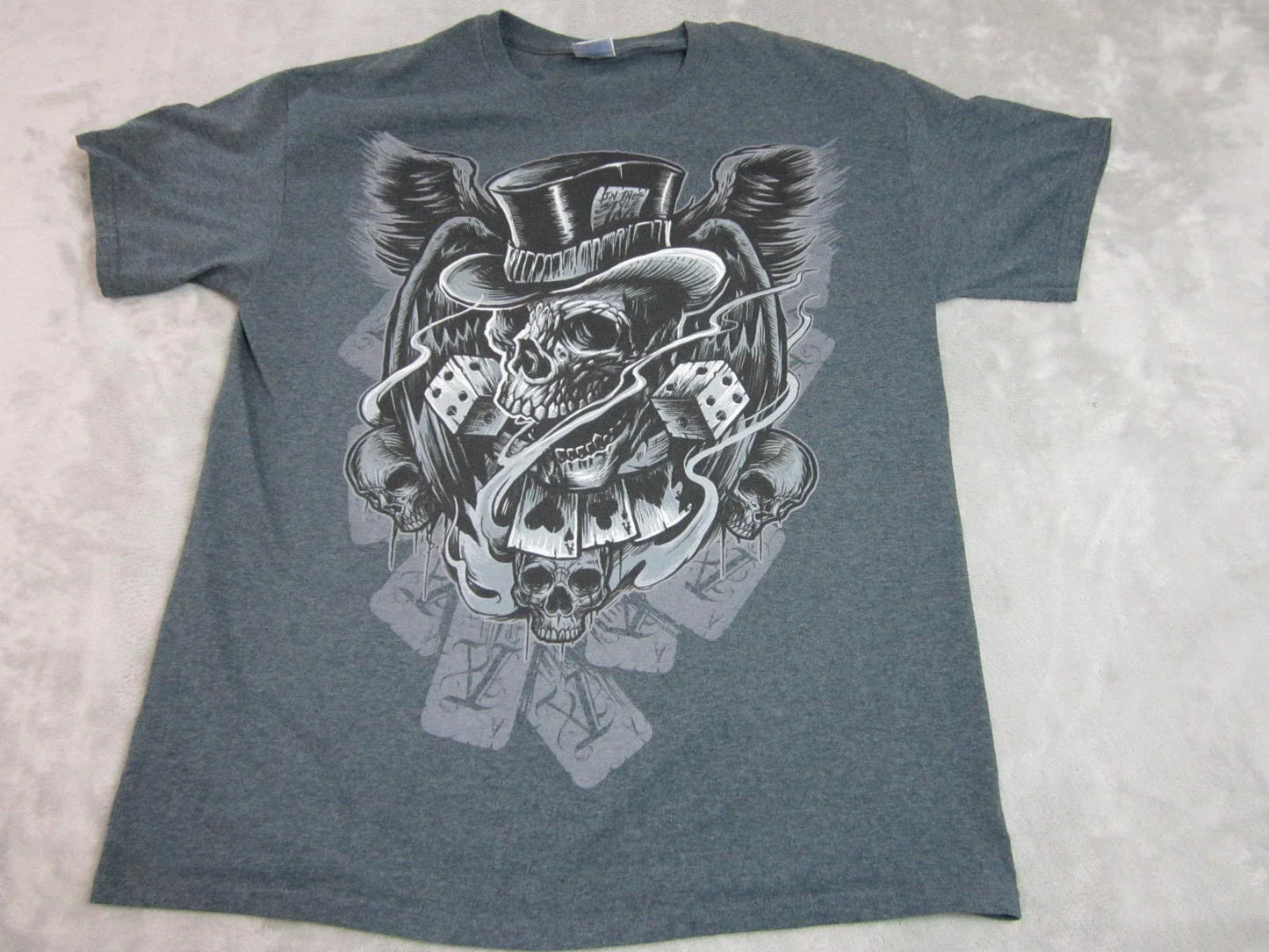 Y2K Skull Shirt Mens Large Gray Top Hat Dice Cards Goth Gildan Tag Short Sleeve Unisex T-shirt, Sweatshirt, Hoodie, Long Sleeve Tee - T-Shirt, Sweatshirt, Hoodie